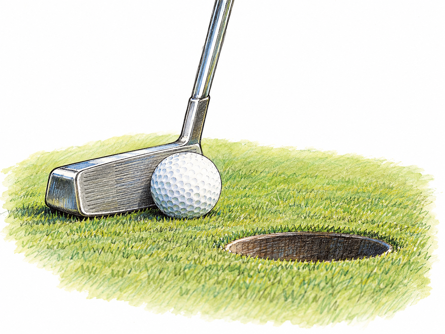 An object-focused close view of a golf putter poised behind a golf ball on a smooth putting green, with a nearby cup showing the short putting distance.