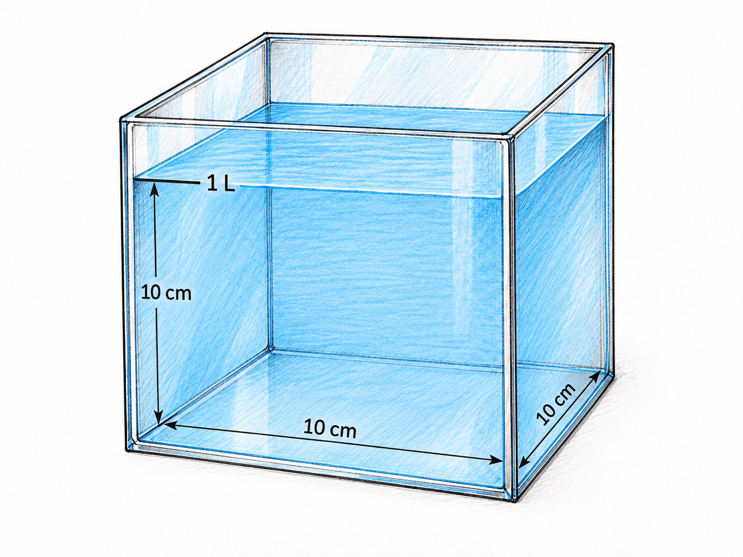 A transparent cubic measuring vessel containing one liter of water, with its three internal dimensions visibly marked 10 cm and its water-level graduation marked 1 L.