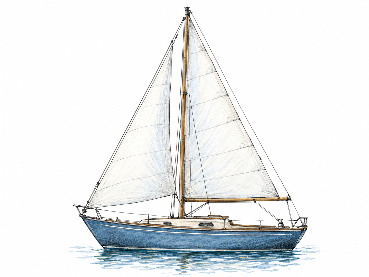 An isolated side view of a sloop showing its single mast, triangular mainsail aft of the mast, and triangular jib forward of it, with both sails rigged along the boat’s length.
