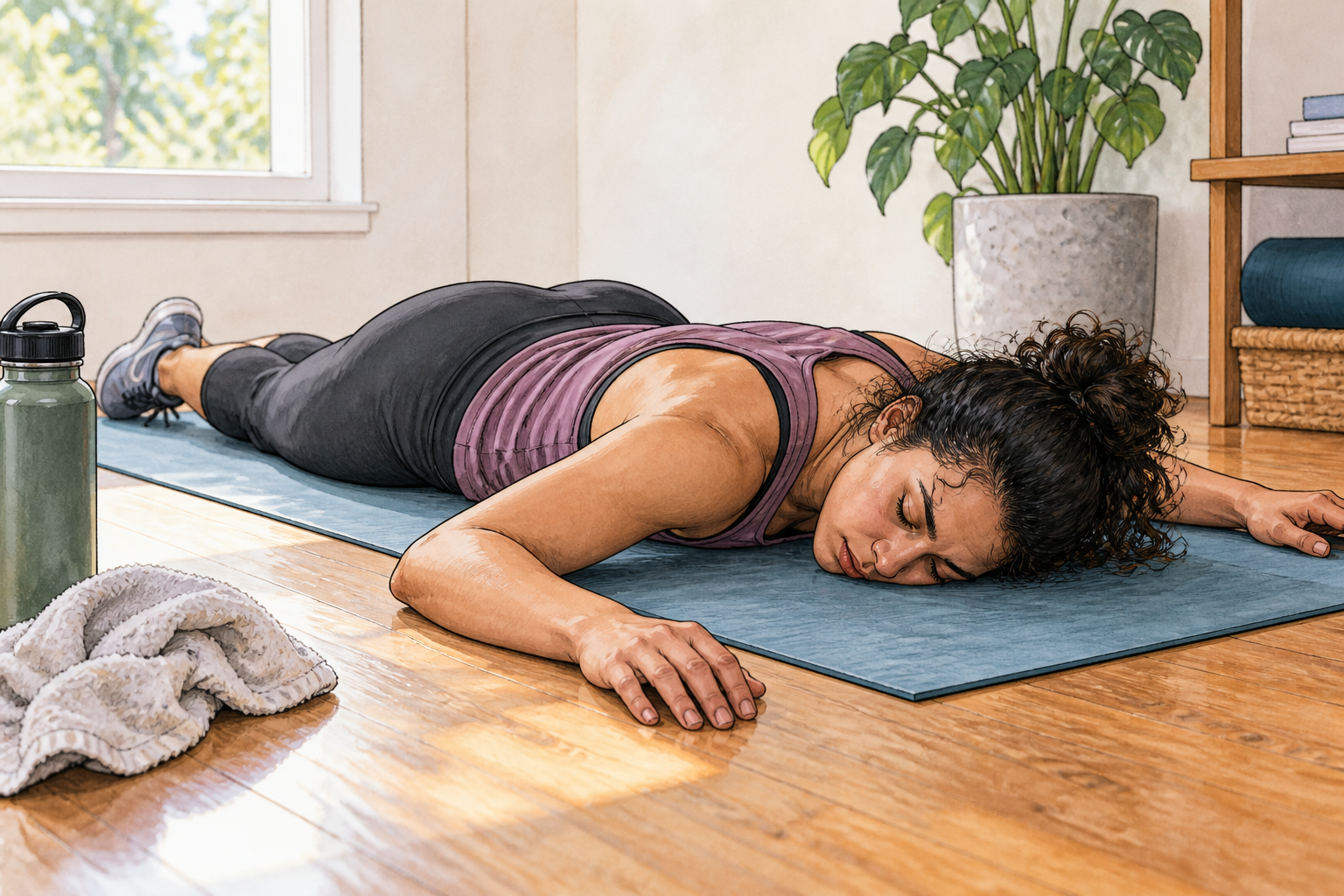 Exhausted adult lies face down on a yoga mat after exercise, face turned sideways, breathing safely, no medical emergency.