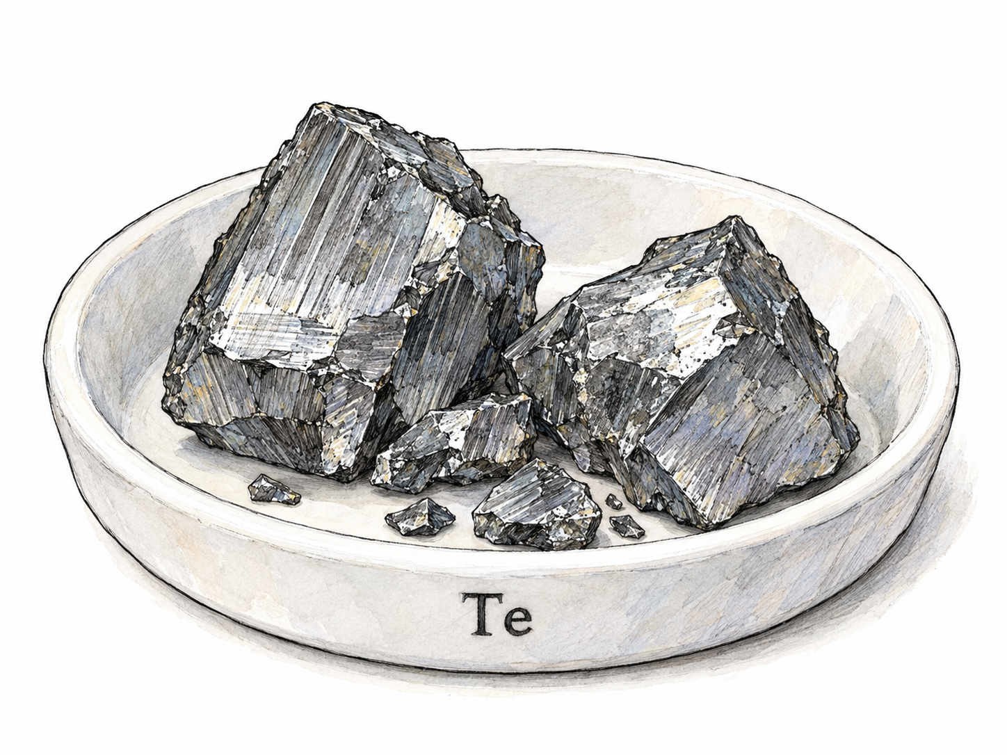 A tellurium specimen in a small laboratory sample dish marked only “Te,” with silvery-gray crystalline pieces and sharp, brittle fracture surfaces clearly visible.
