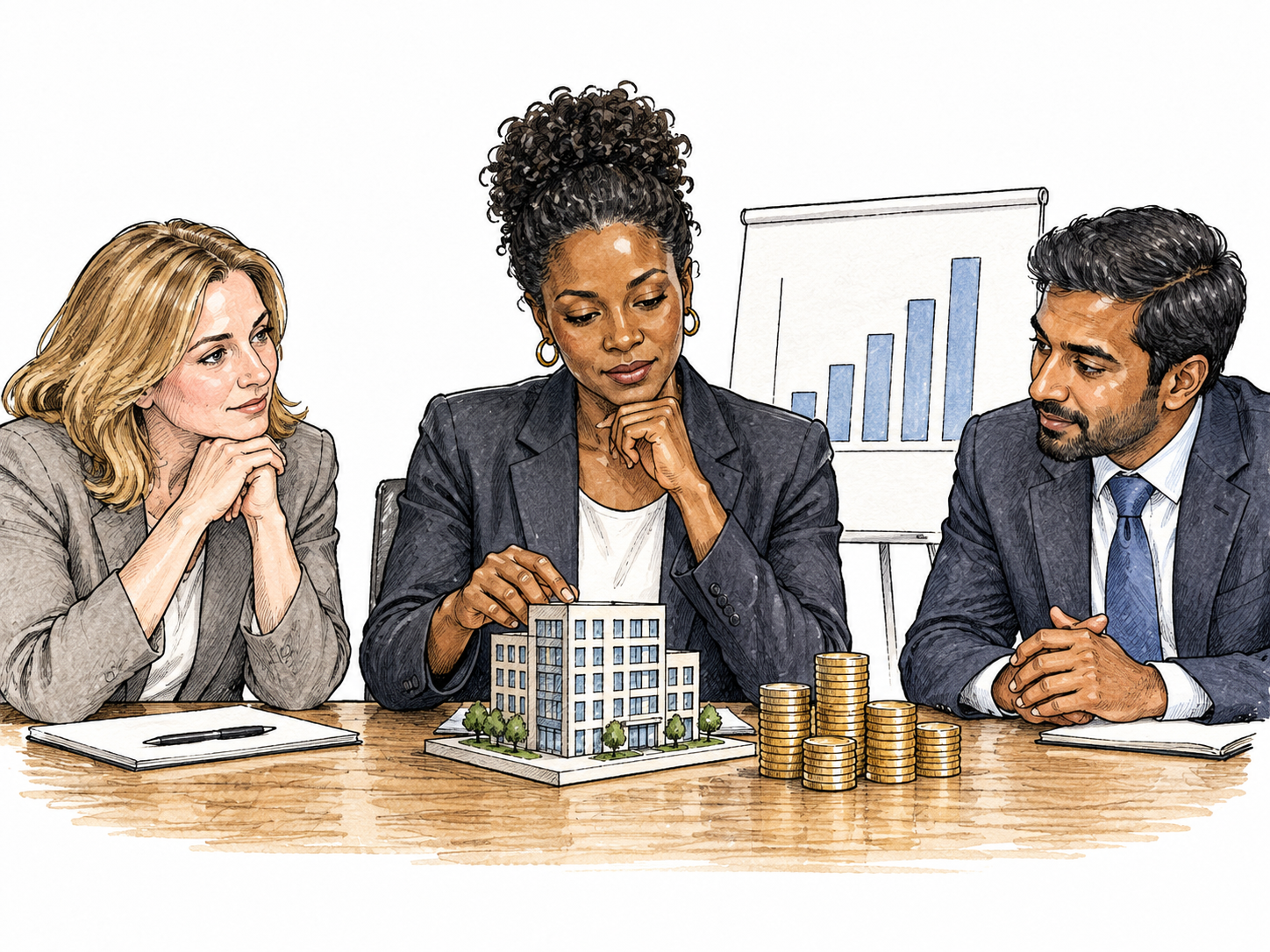 An adult Black woman financier at a simple desk considers a substantial building investment model and several grouped stacks of coins beside a plain financial bar chart.