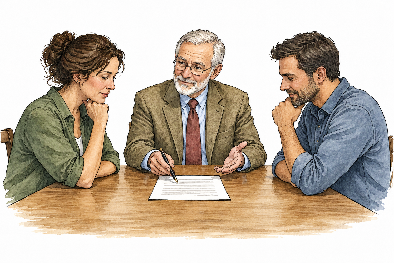 Neutral older white mediator between two disputing adults, both calmly considering a shared settlement document.