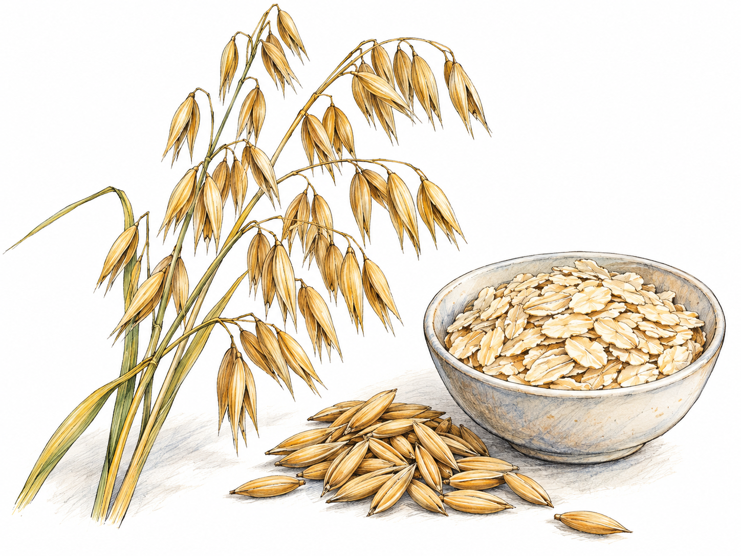 A close botanical still life of ripe oat panicles beside a shallow bowl of rolled oats and a small pile of intact oat grains.