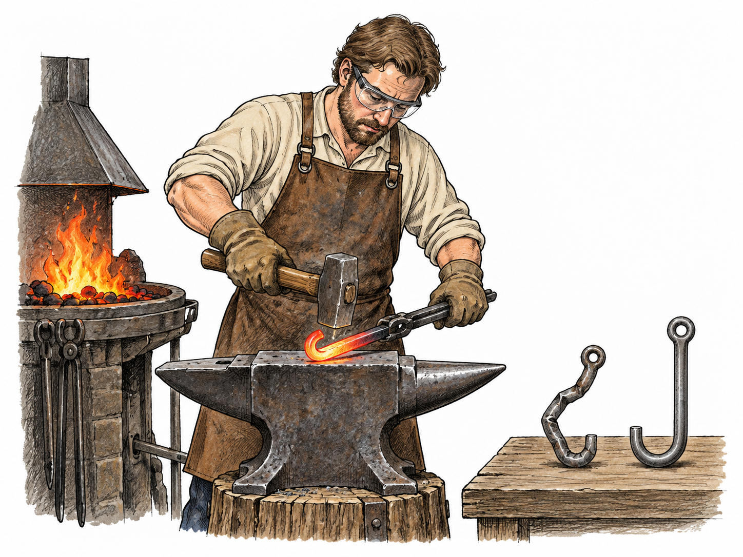 A metalworker reheats and reshapes a bent iron hook on an anvil, damaged bent piece visible beside newly straightened hook; clear making again after damage.