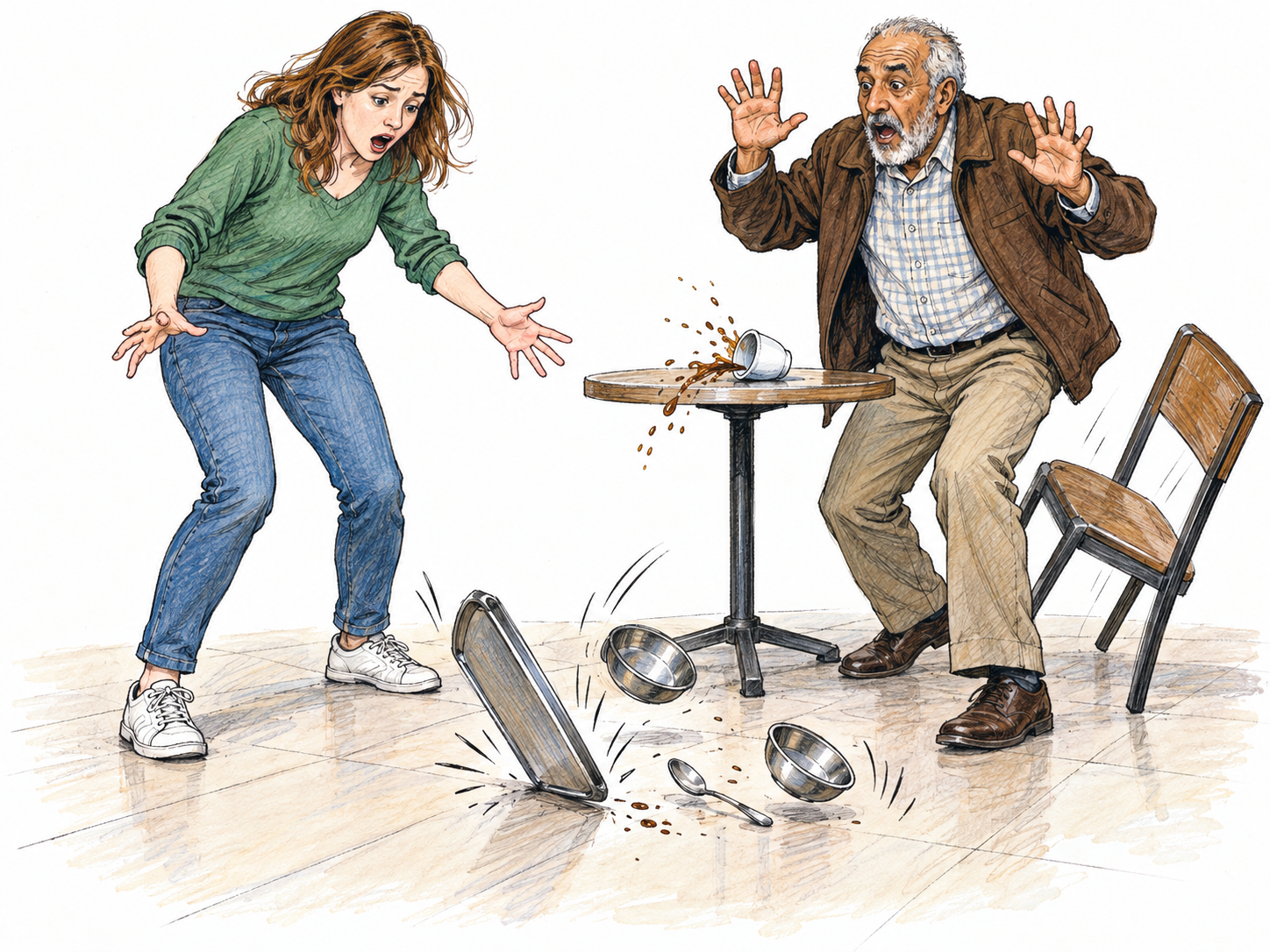 A café mishap creates a sudden commotion: a tray and metal dishes clatter onto the floor, a startled woman cries out, and an older man recoils as his chair tips backward.