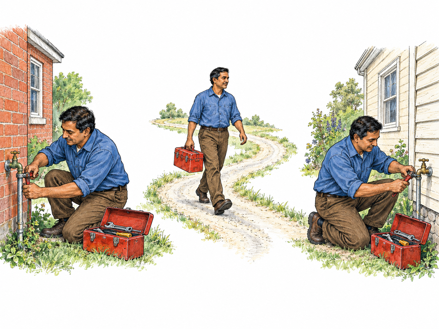 A compact, text-free sequence shows the same traveling repairman working at one home, walking along a connecting road with his toolbox, and working at a distinctly different home.