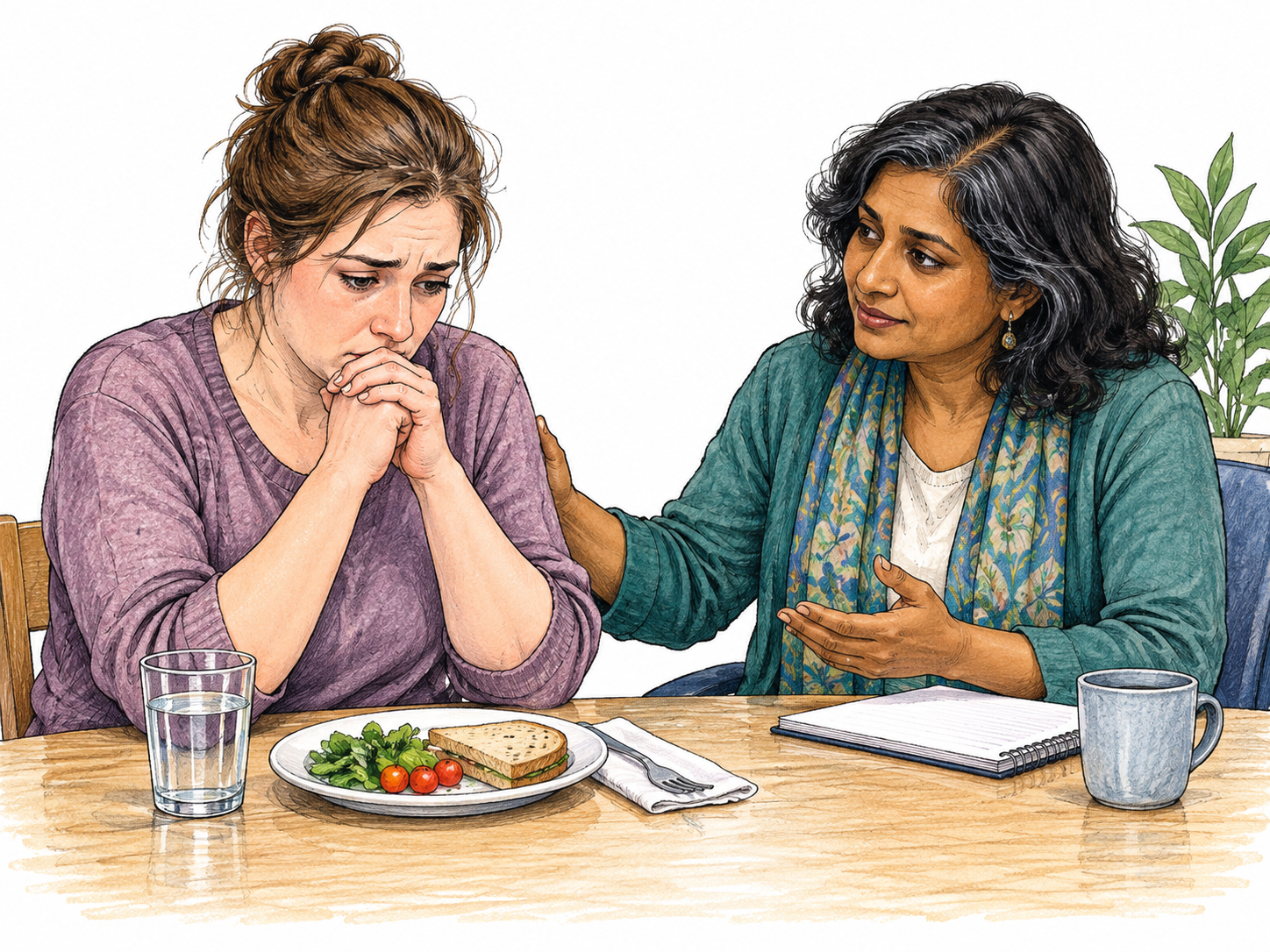 A distressed adult sits with a therapist beside a small ordinary meal, hands tensely clasped and expression anxious as the therapist offers calm support; represent eating-disorder care without thinness ideals, body distortion, scales, measurements or harmful instructions.