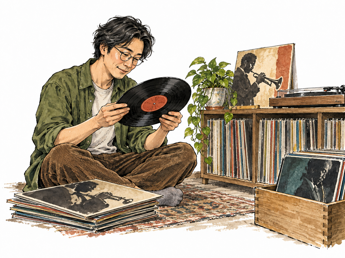 East Asian adult jazz-record enthusiast studies a vinyl record beside a neatly curated collection.
