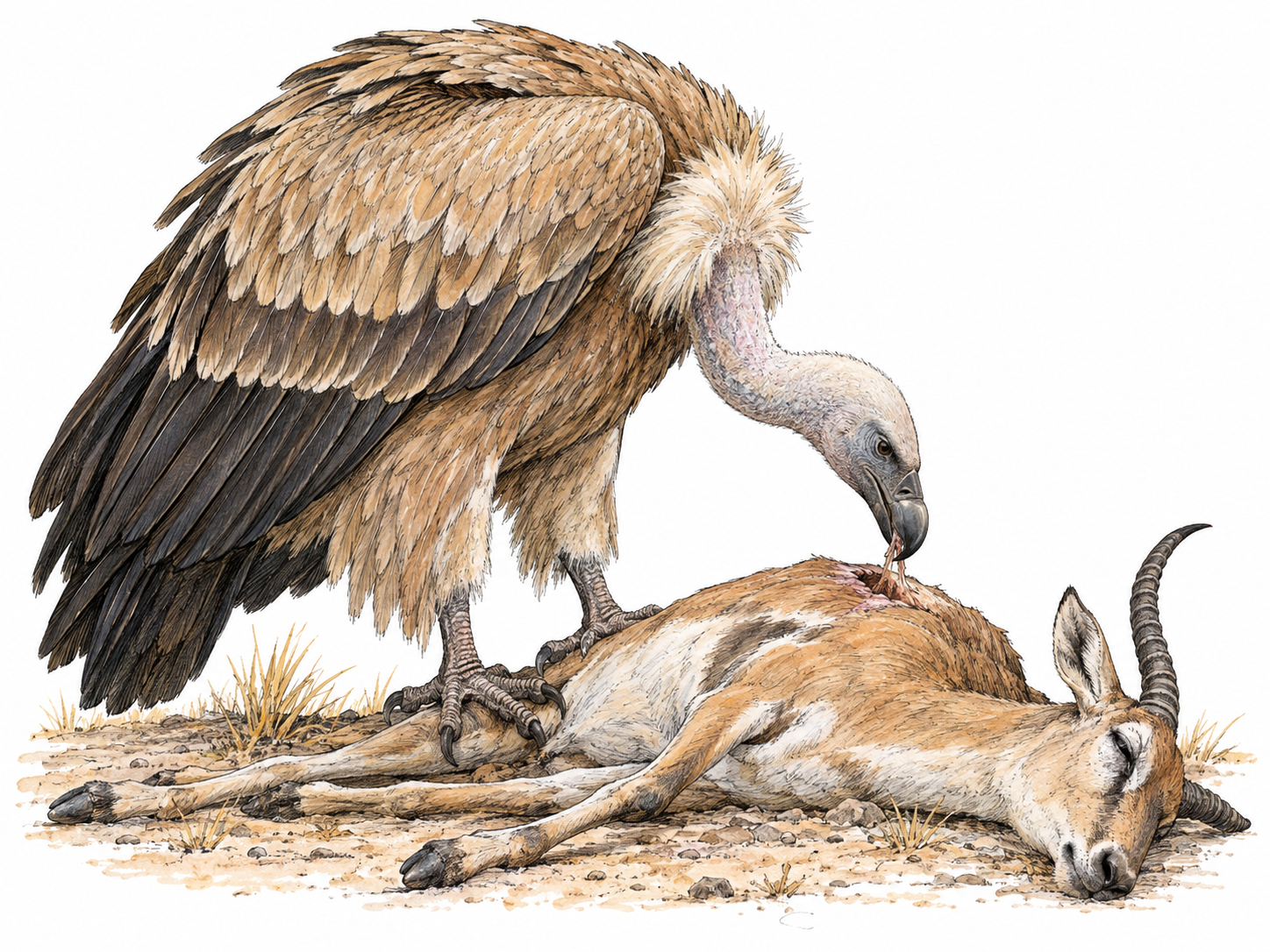 A large griffon vulture bends its bare neck to feed on a clearly dead antelope, making both the bird's distinctive anatomy and scavenging behavior visible.