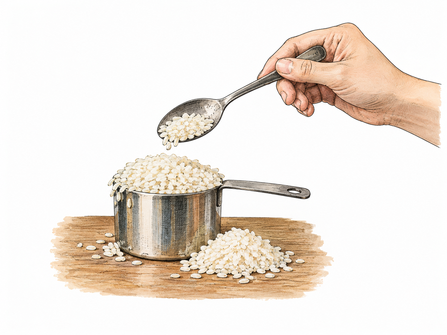 A measuring cup already full of dry rice stands beside a small extra mound that could not fit, spoon hovering above held by one hand.