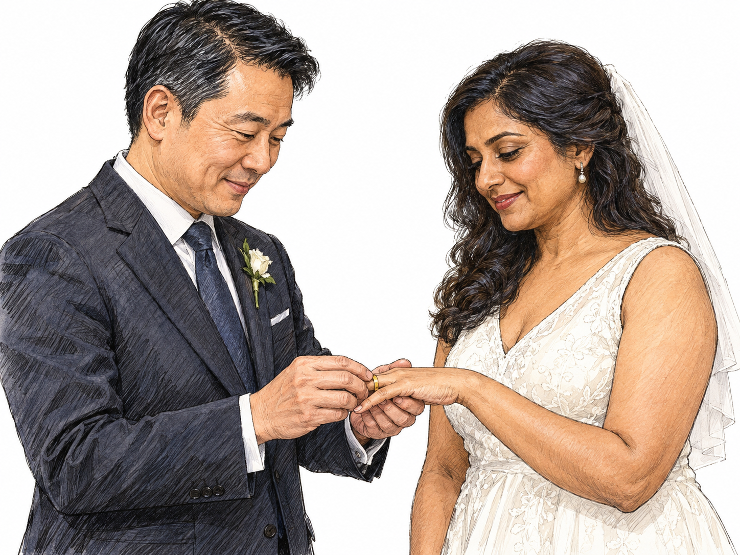 A bride and groom exchanging a wedding ring, making the connection to marriage immediately visible.