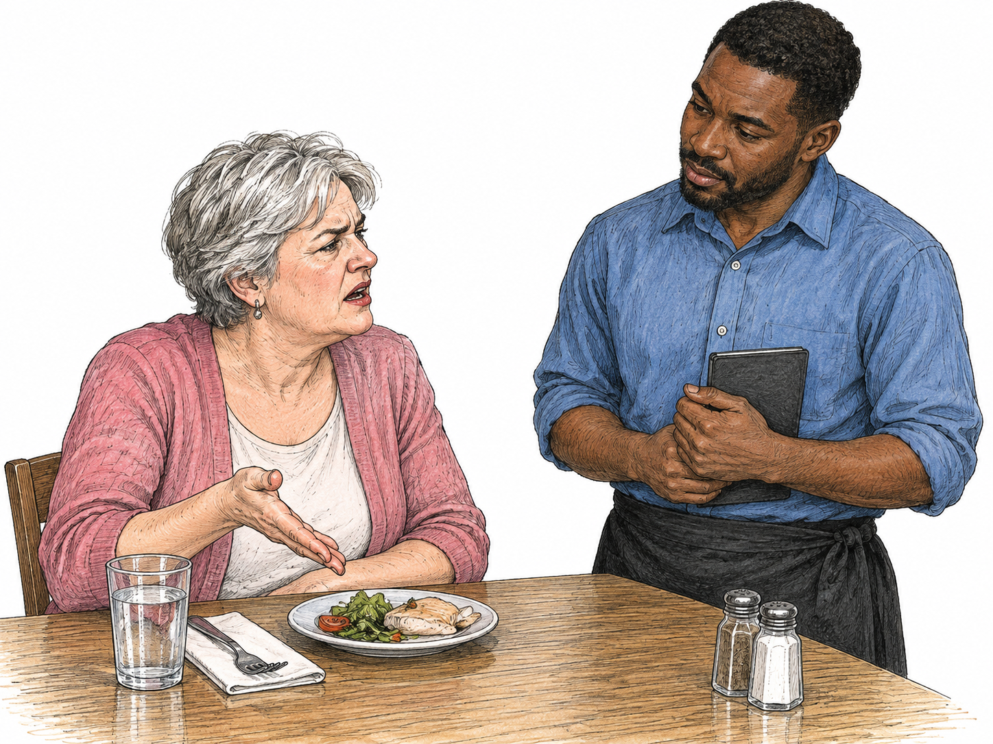 A diner persistently complains with an irritated face and an open palm toward a small plate of cold food while a server listens patiently; compact two-person table-edge scene, no words or speech bubbles.
