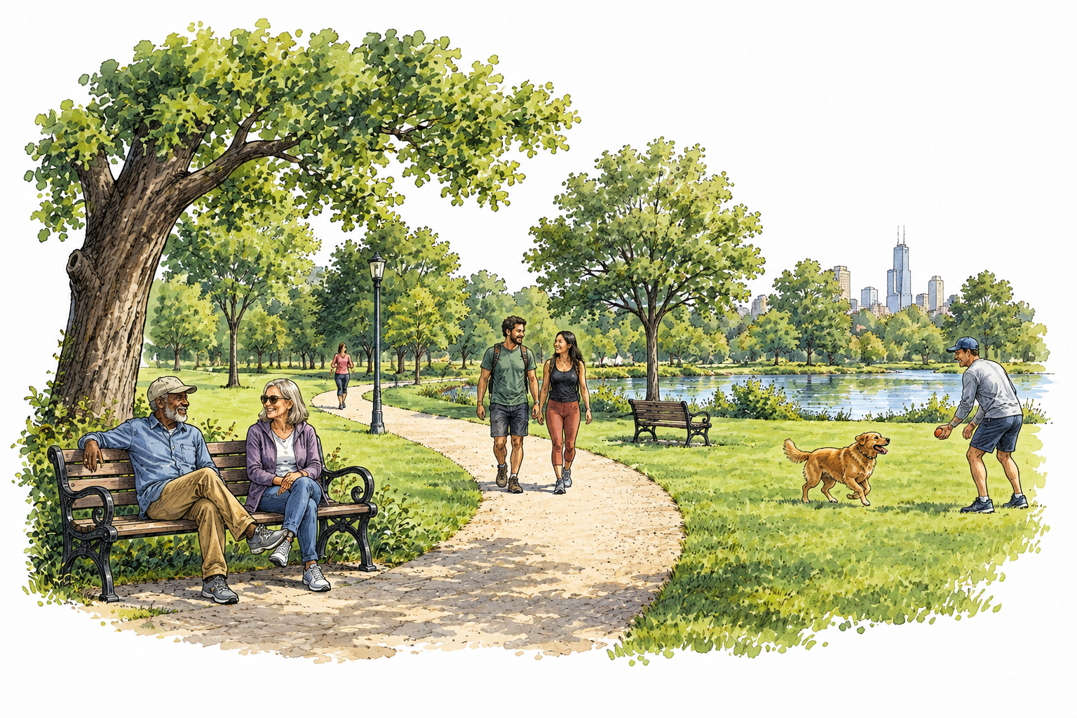 A public green park with a walking path, benches, trees and adults enjoying open space.