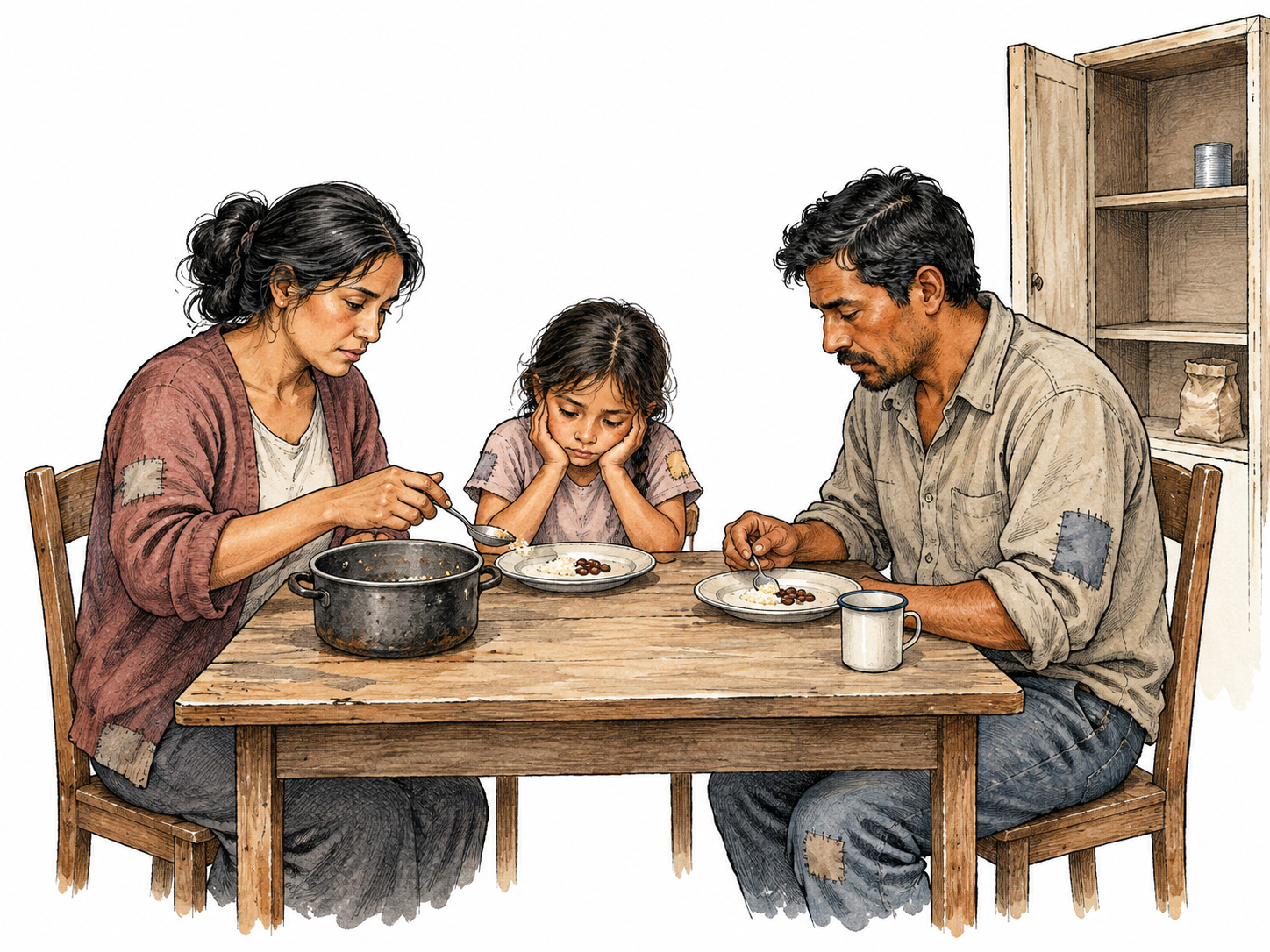 A family in a sparsely furnished home shares insufficient food at a small table, empty pantry visible, patched but clean clothing; shortage of basic resources central, dignified people.