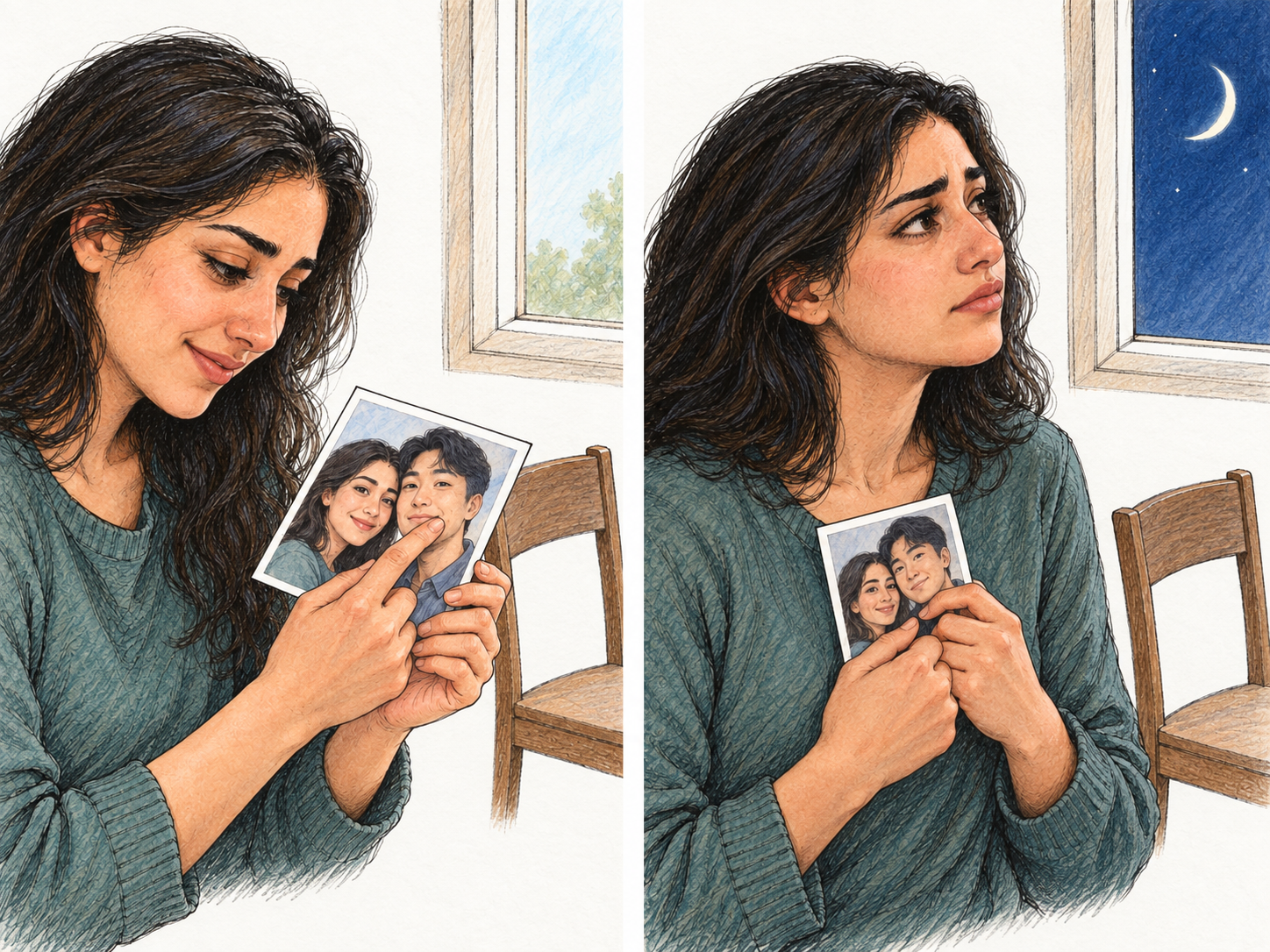 A compact day-to-night diptych shows the same woman repeatedly absorbed in a photograph of her absent romantic partner, conveying a strong, persistent longing for his presence.