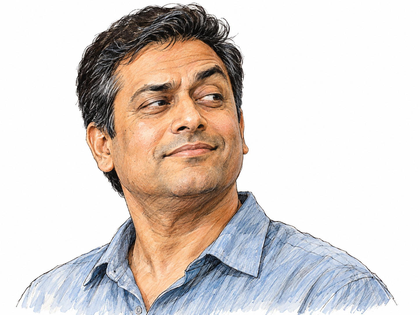 A close three-quarter portrait of a man smirking: one corner of his closed mouth curls upward, his chin is slightly raised, and his sidelong gaze and subtly lifted eyebrow convey smug self-satisfaction rather than a friendly smile.