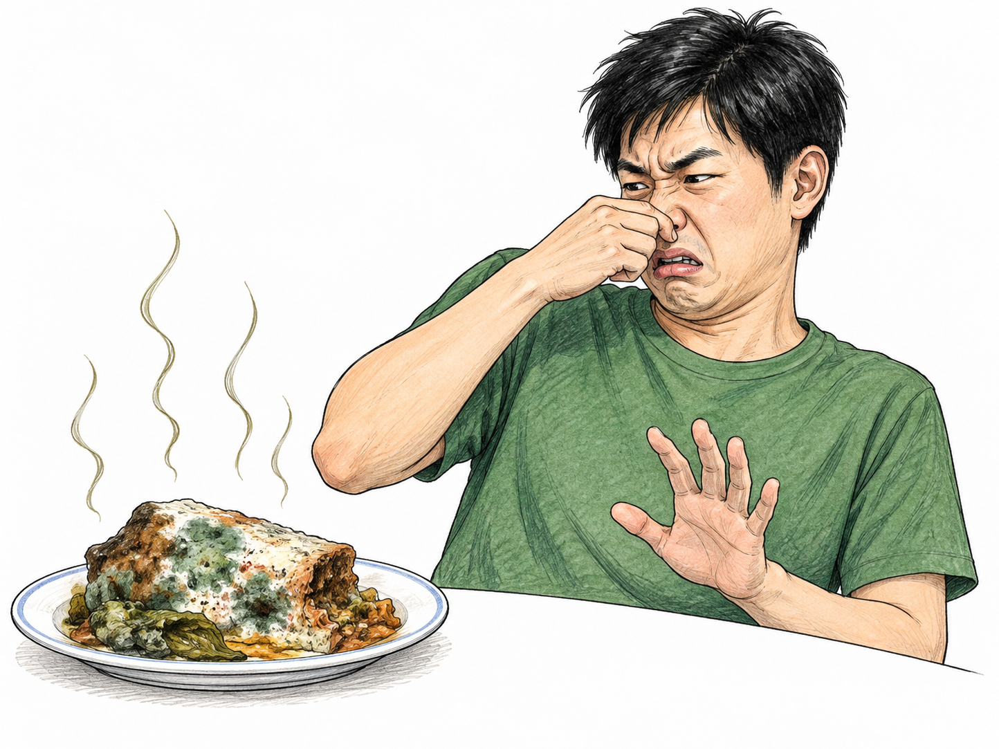 Man recoils with disgust holding nose beside one plate of visibly spoiled moldy food, horrible unpleasant smell indicated by sparse wavering lines, no vomiting or injury, white background.