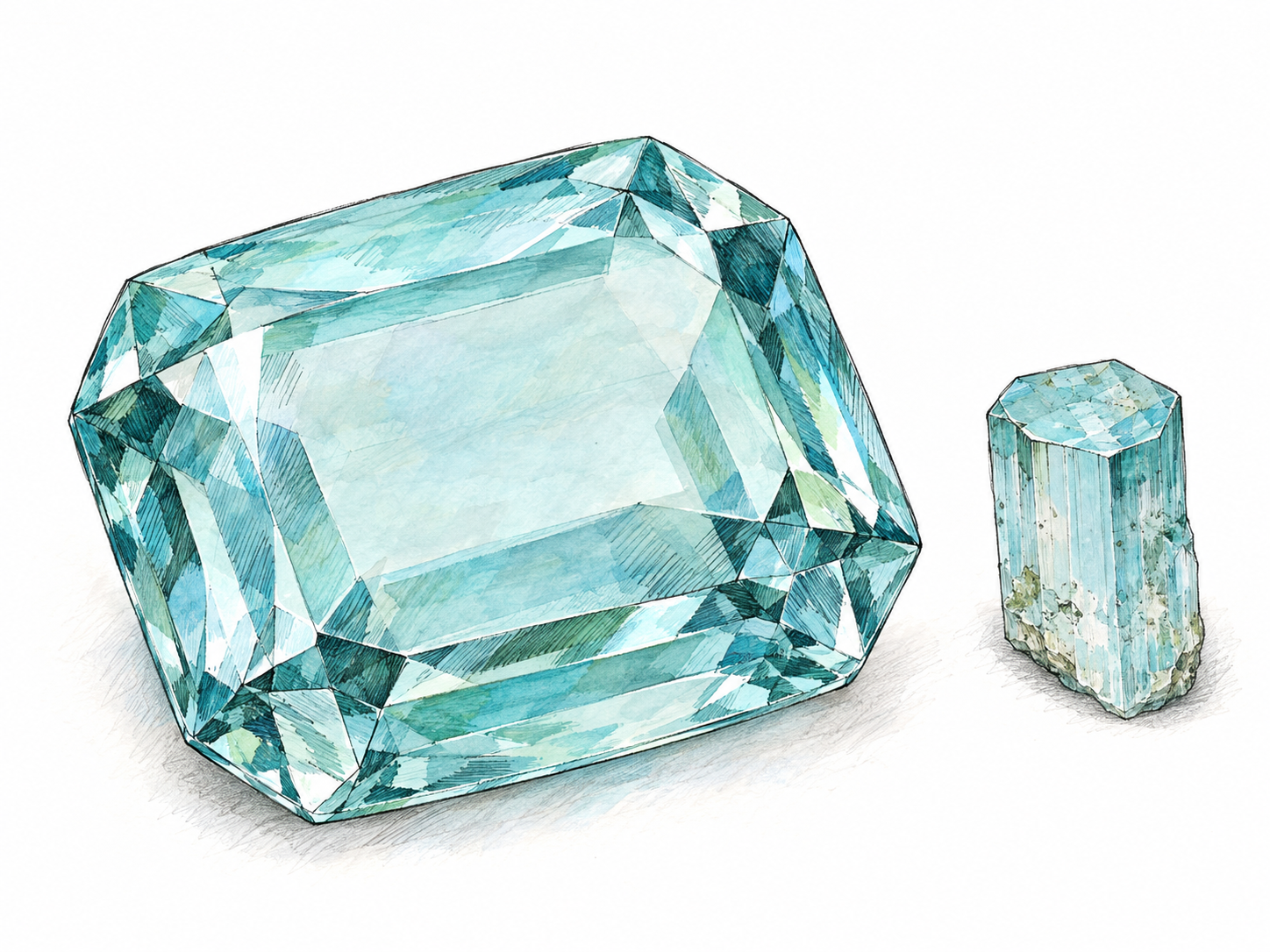 A large loose, faceted aquamarine gemstone in a distinctly pale blue-green hue, accompanied by a small natural hexagonal beryl crystal of the same color.