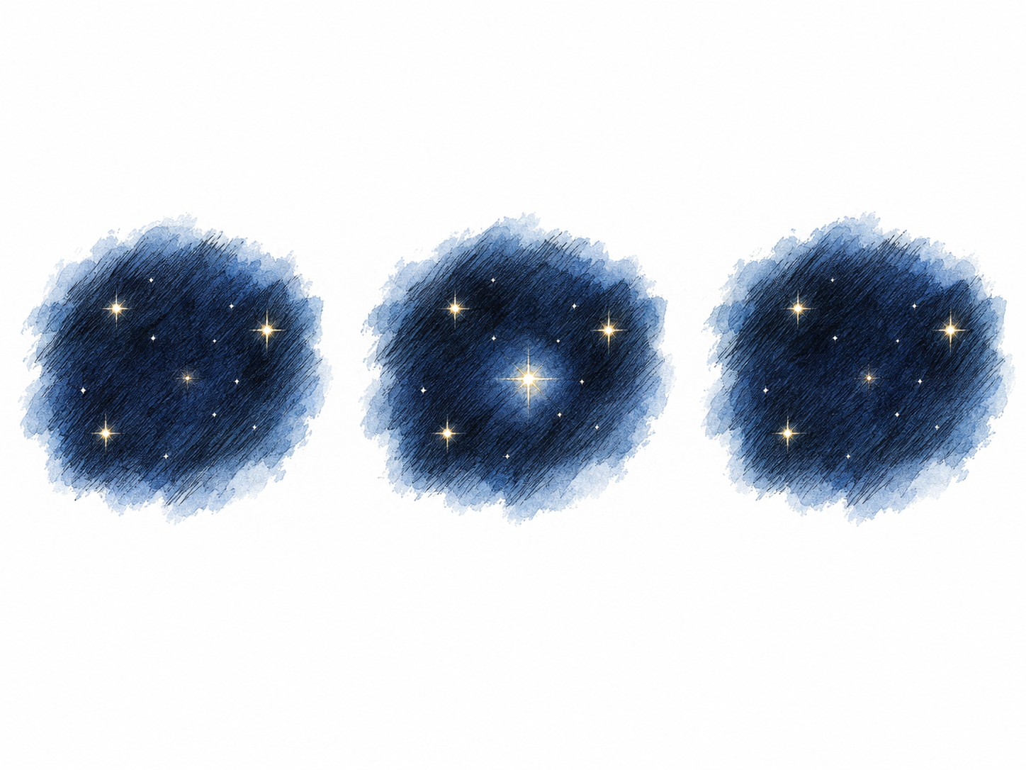 A three-moment sequence of the same star in a small constellation, changing from faint to bright to faint; the surrounding stars stay unchanged, making the brief flash visible.
