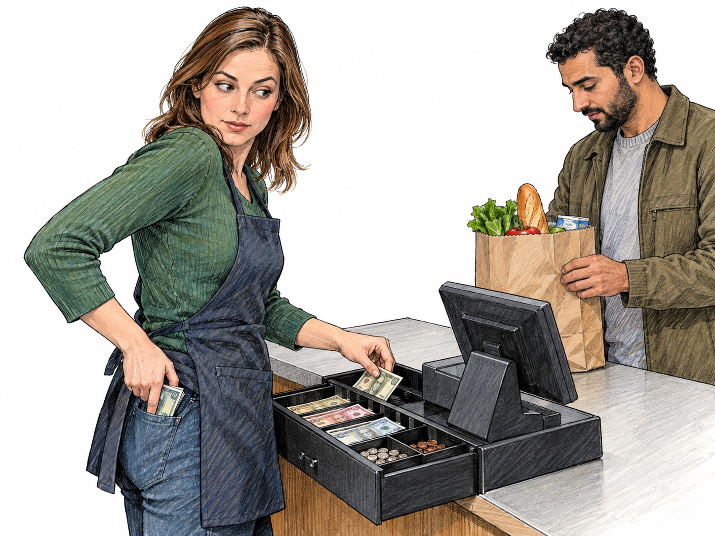 A cashier diverts shop takings into her own pocket while operating the shop's open cash register, visibly abusing her authorized access to entrusted money.