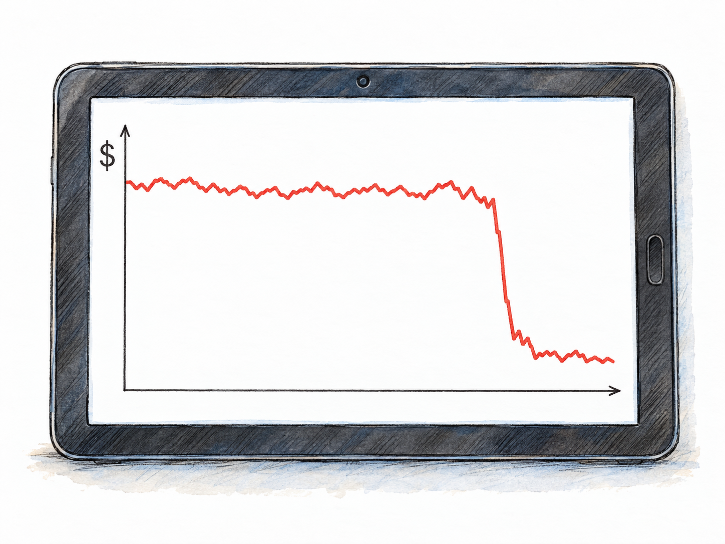A financial chart shows a long, relatively stable run followed by a sudden steep plunge and a short low plateau, making a slump in value immediately visible.
