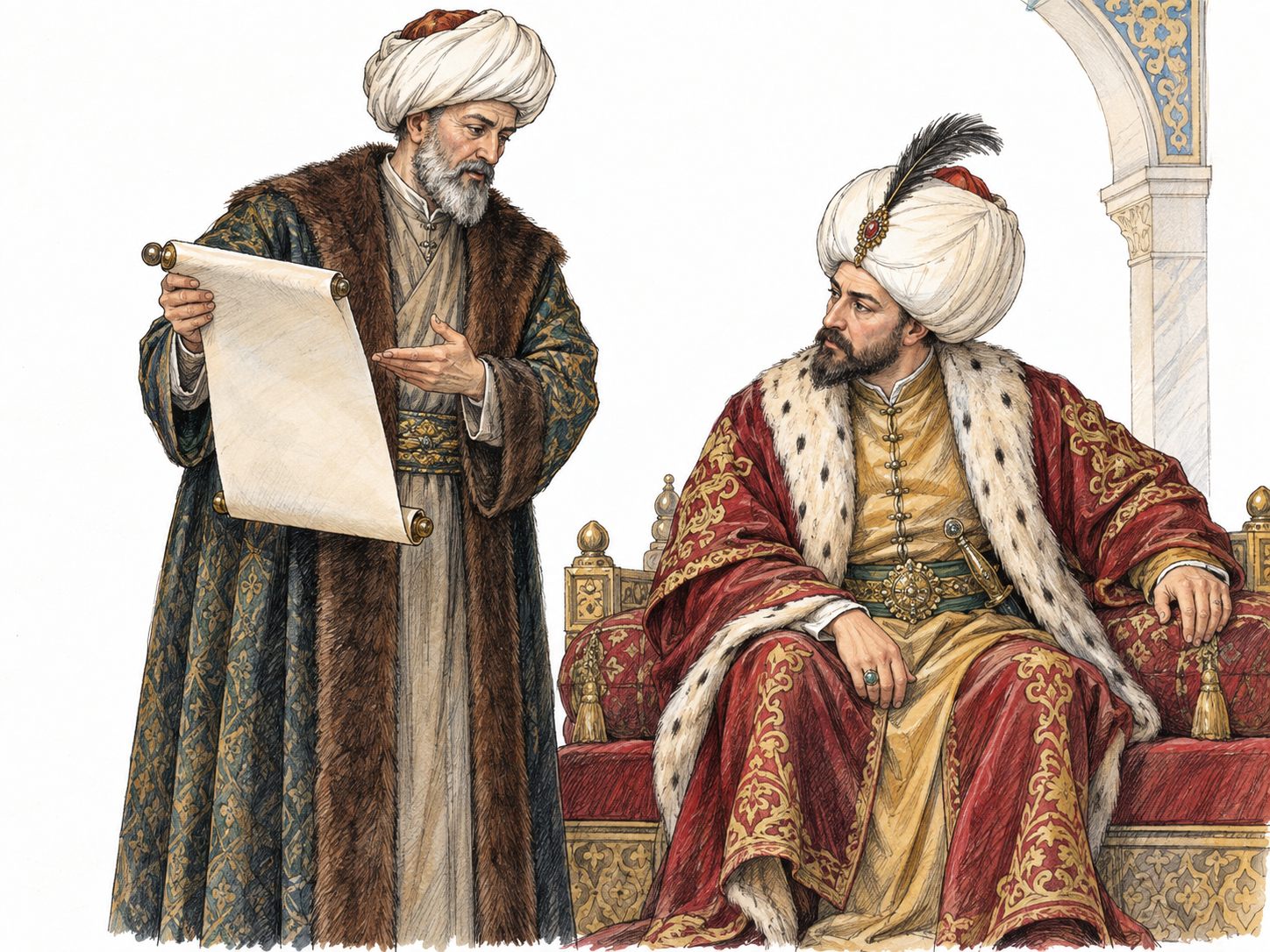 An Ottoman vizier in distinguished court dress advises a seated sultan, presenting an unlettered administrative scroll while the ruler listens closely.