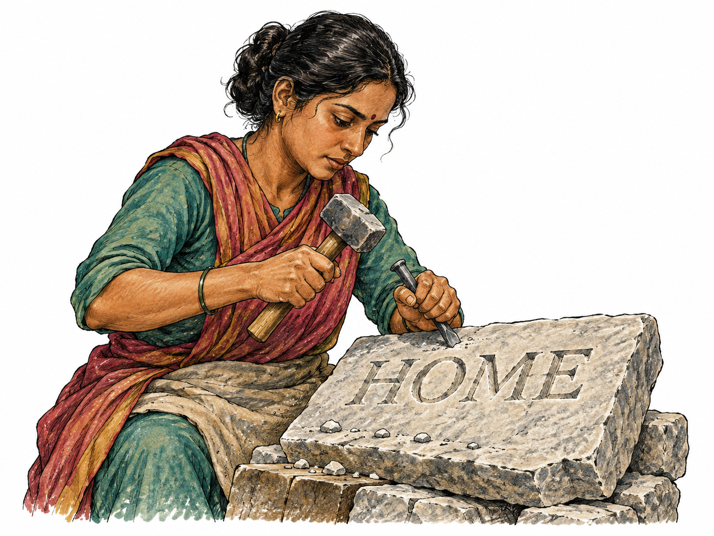 A stone carver carefully chisels the brief functional word HOME into a stone plaque, hands and tool coherent, no other writing.