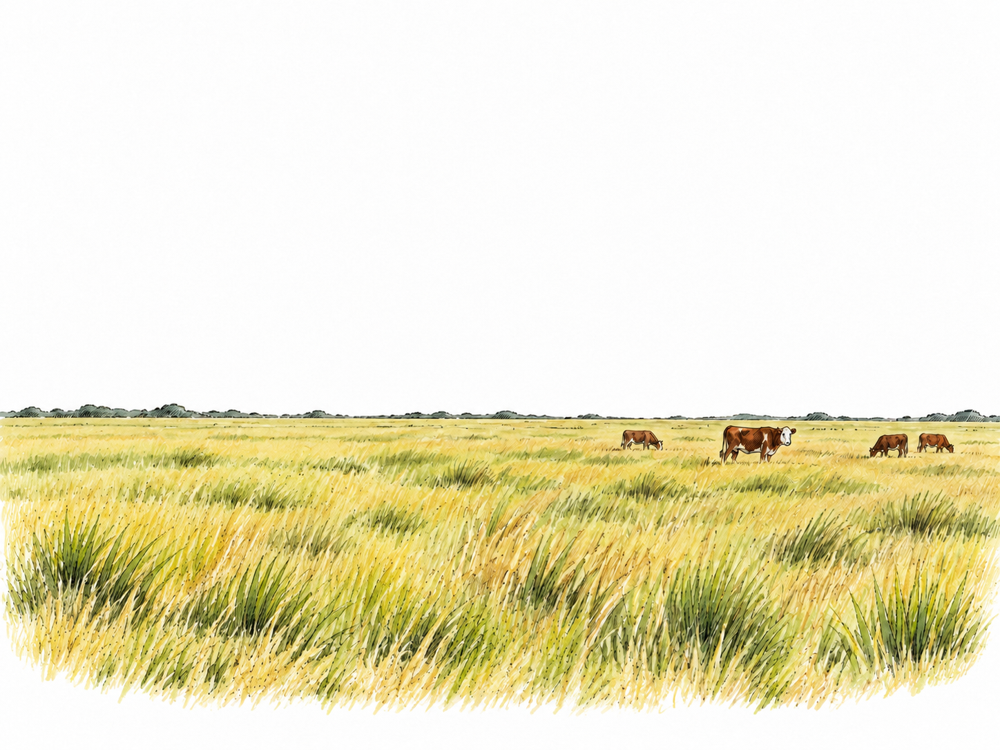 A broad treeless South American grassy plain extends to a low horizon, a few distant cattle establish scale, no mountains, jungle, buildings or labels.