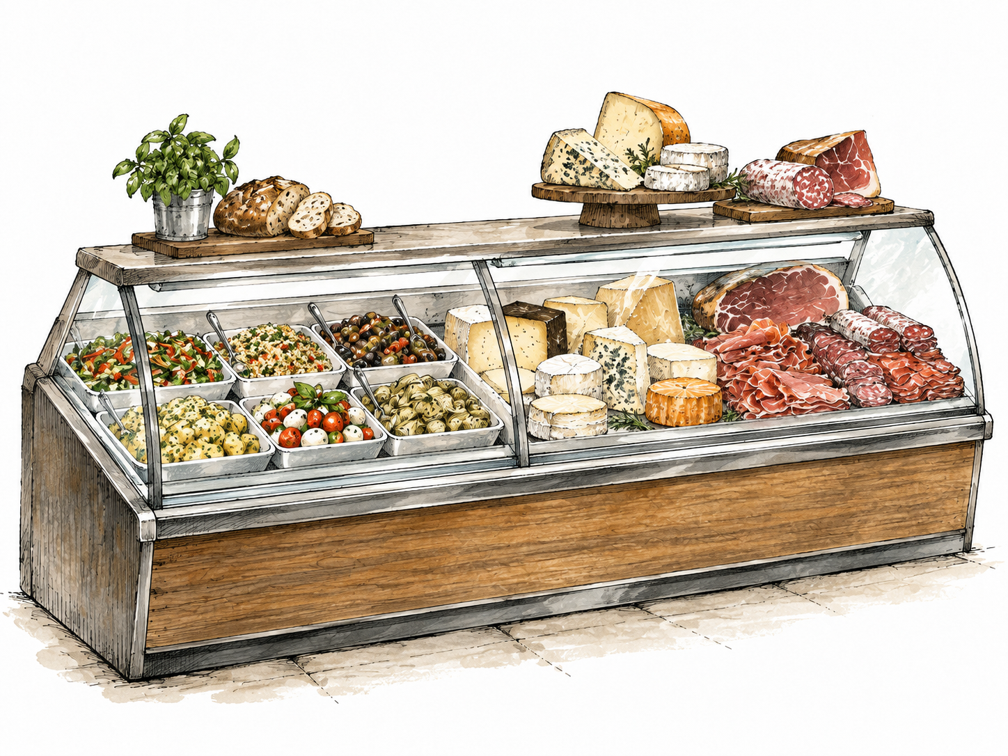A delicatessen counter displays prepared salads, cheeses and neatly arranged cured meats, no logos or readable labels.