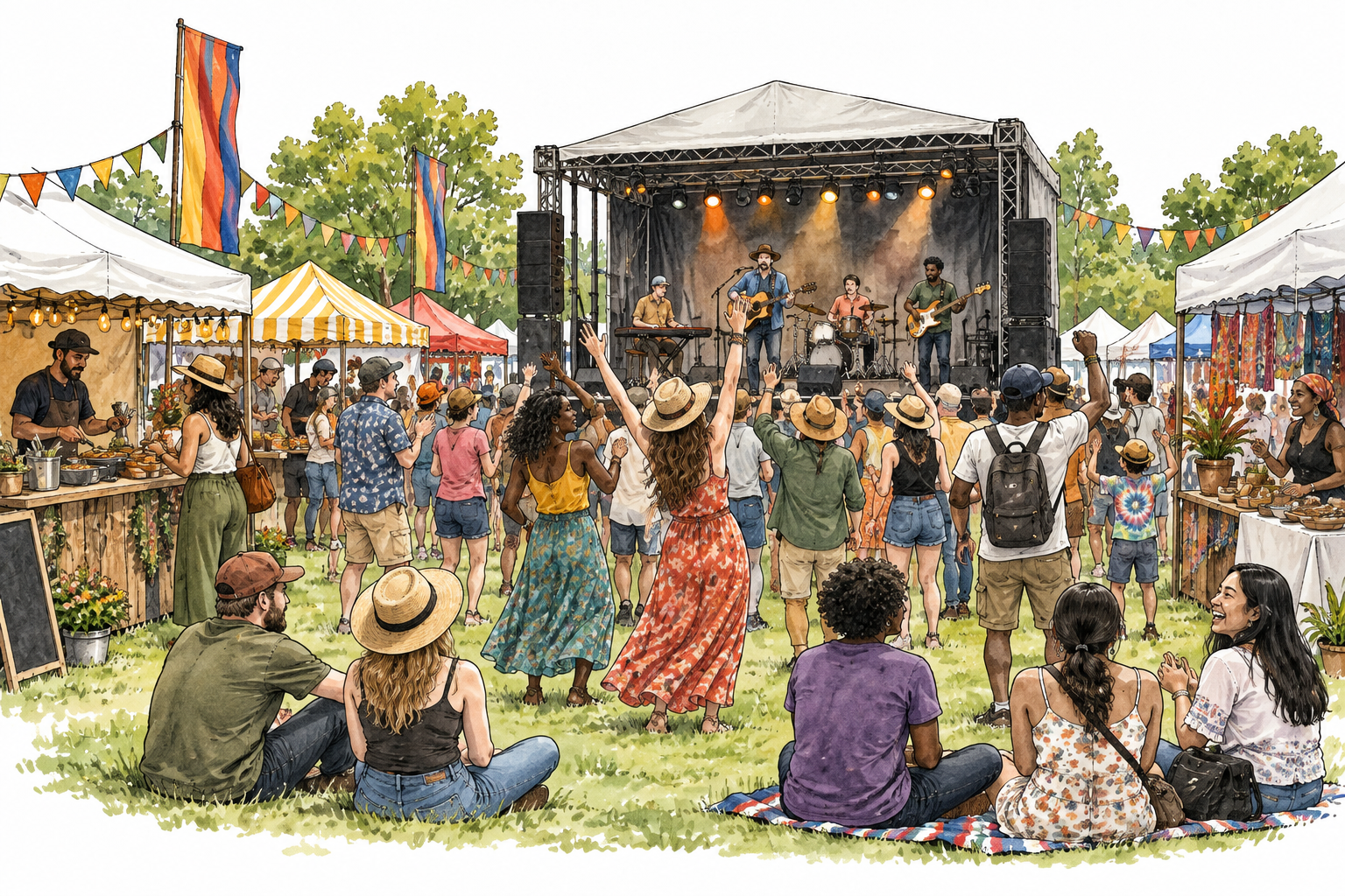 Outdoor cultural festival with music stage, food stalls and diverse joyful audience.