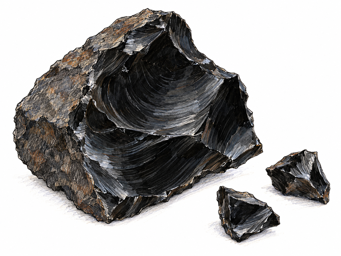 A large piece of dark obsidian with a fresh curved fracture and sharp glassy edges, accompanied by two small matching chips.