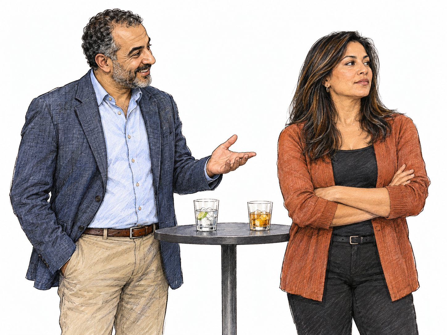 At a casual social gathering, a woman remains stiff and emotionally detached despite a nearby man's friendly attempt to include her.