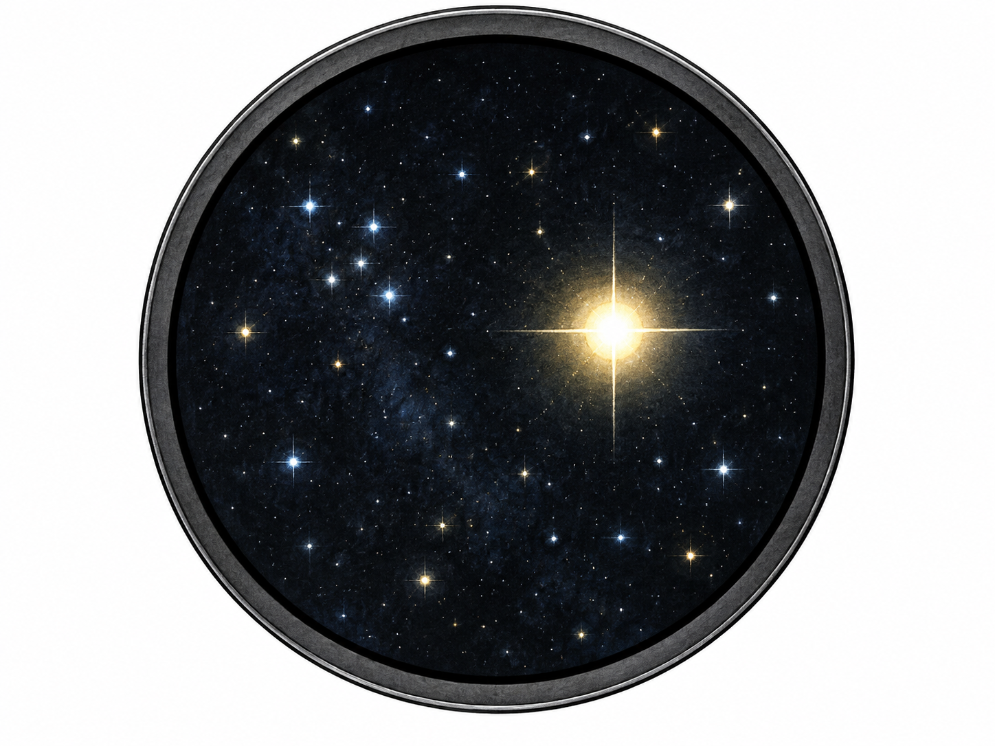 A small cluster of realistic distant stars and one luminous stellar disk is framed by a restrained astronomy viewing circle; select the relating-to-stars sense, no unverified spiritual plane.