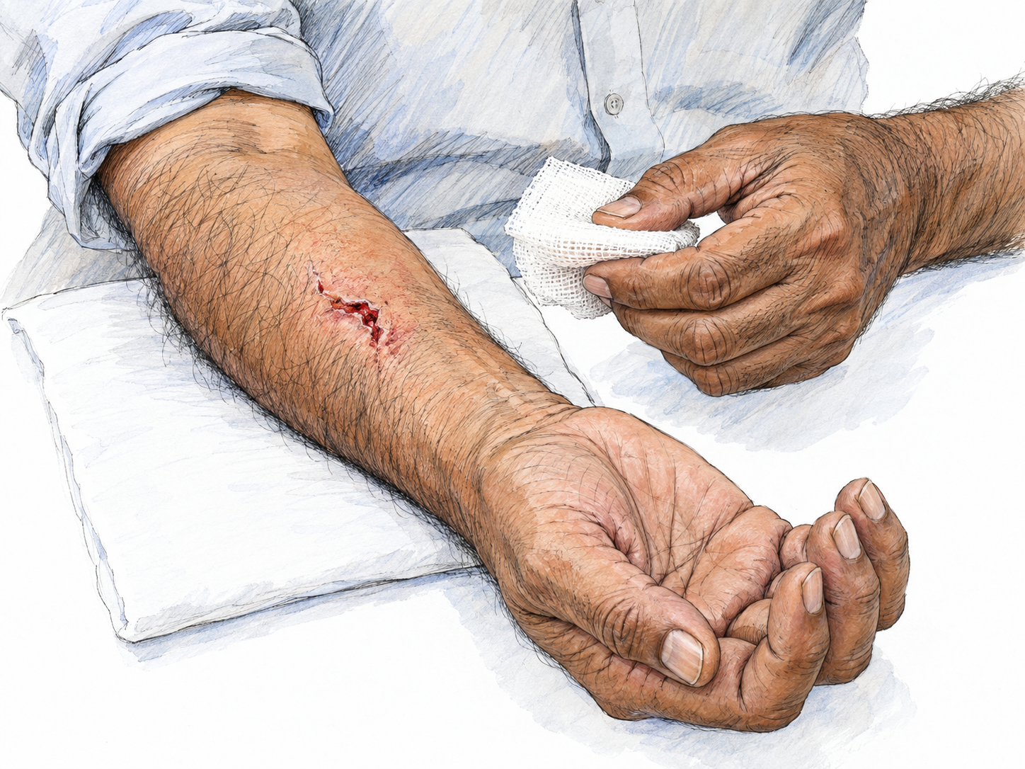 A close view of an older man's forearm resting on a clean white pad, showing a short, irregular torn wound with separated edges and a small amount of blood.