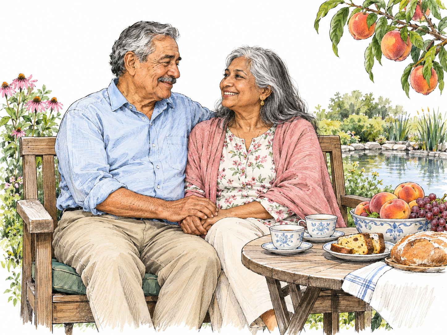 An older couple enjoys an unhurried afternoon in a flourishing garden, smiling together beside a generously supplied tea table.