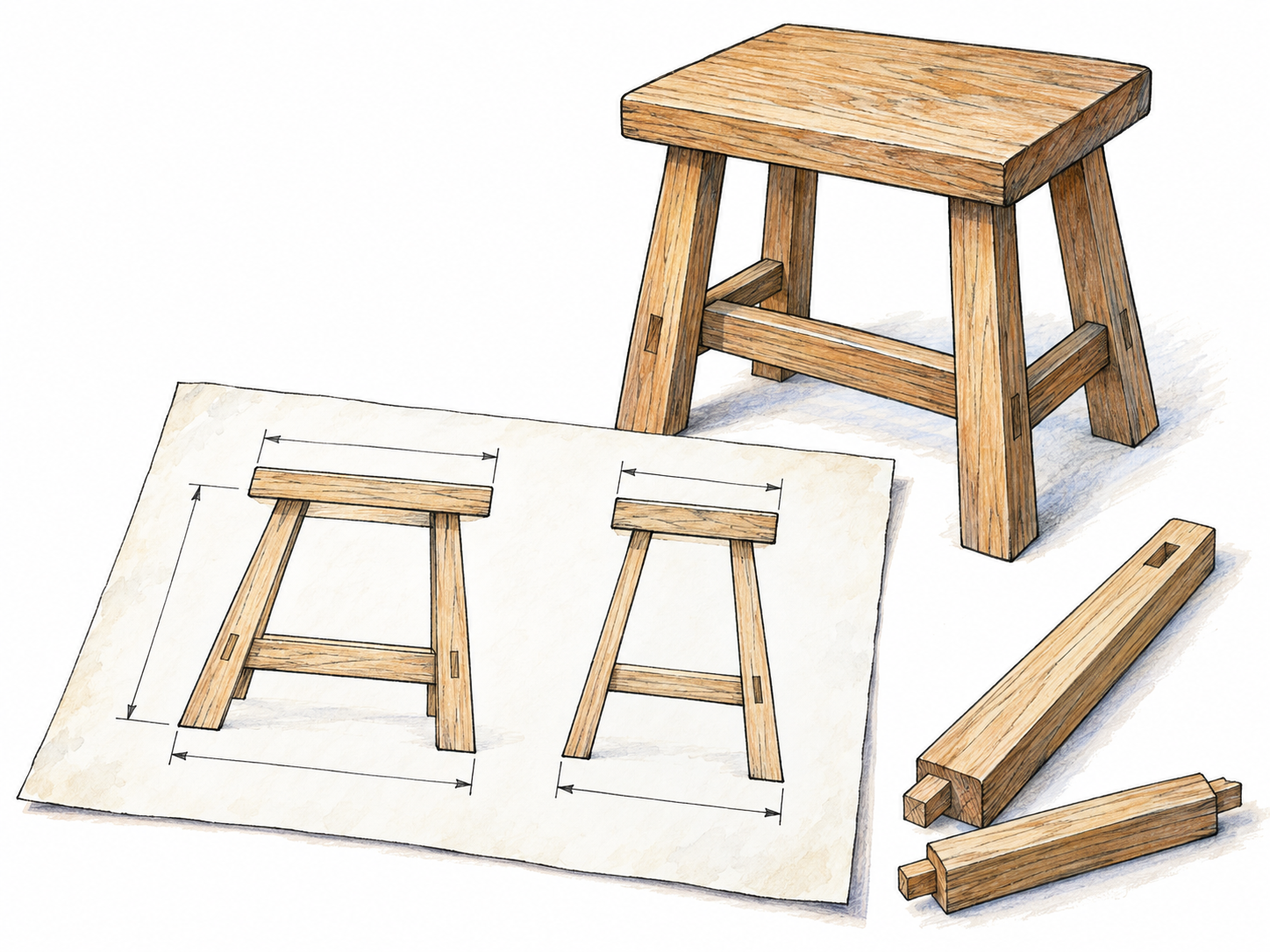A furniture-making plan dominates the foreground, showing front and side views of a simple wooden stool.