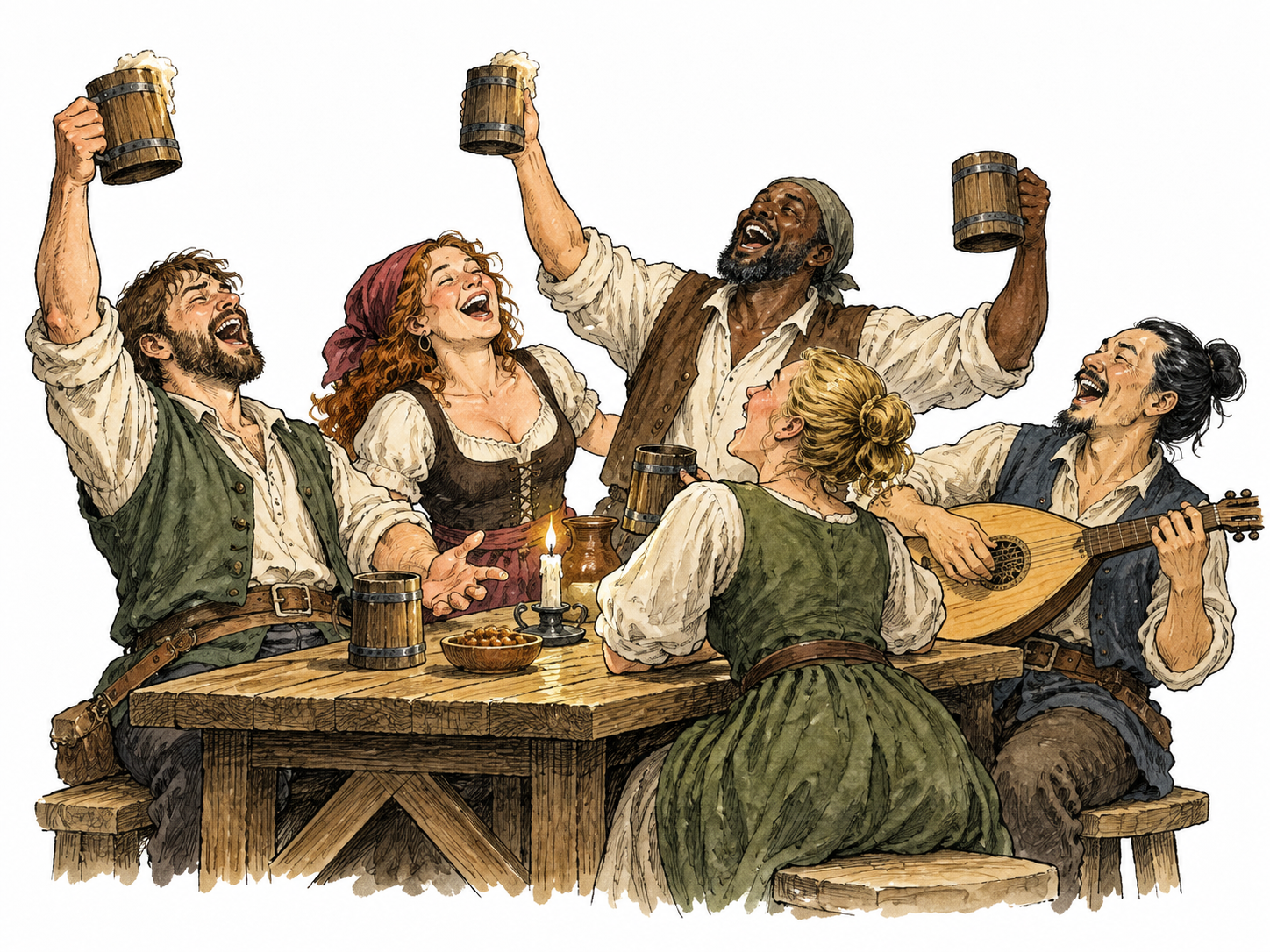 A lively group of diverse adults sings and laughs rowdily around a tavern table, no drunken violence.