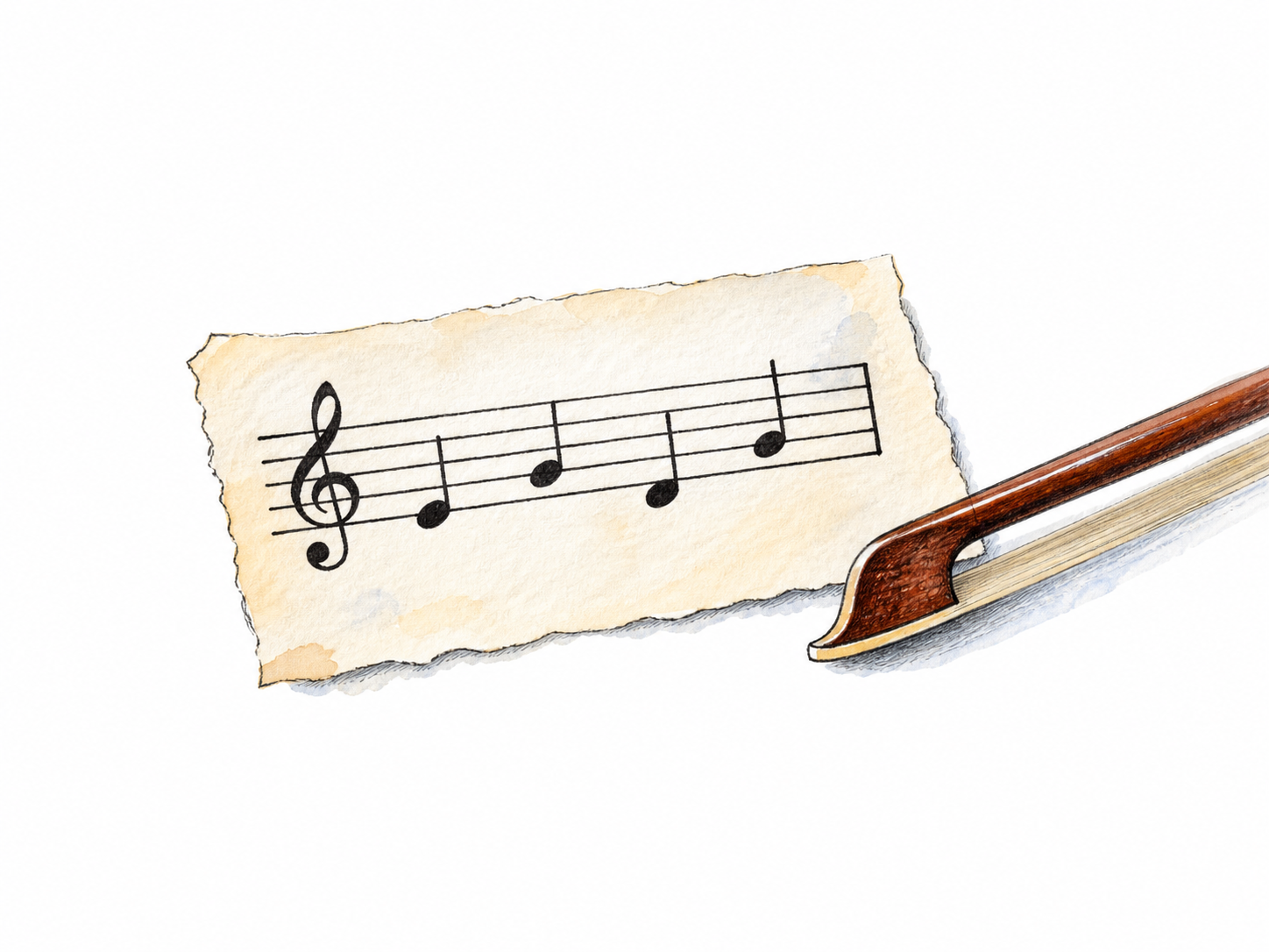Short musical staff with treble clef and four correctly formed notes, a violin bow tip beside page; notation itself the subject, no words.