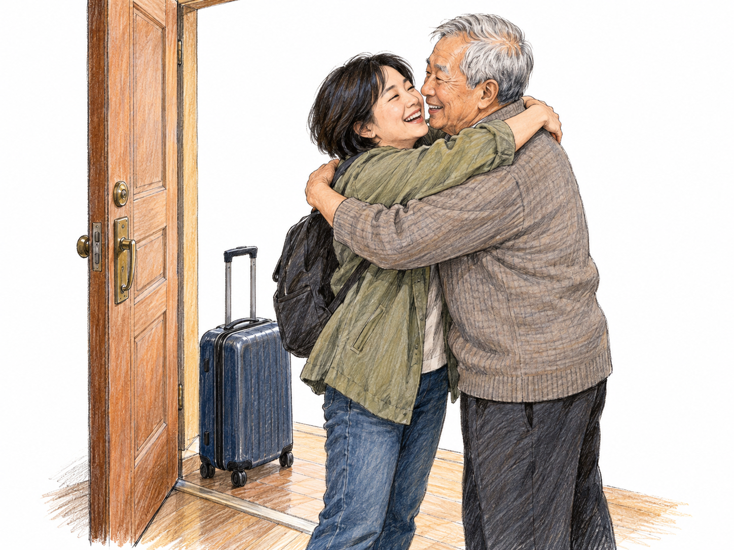 A traveler has just stepped through an open house doorway with a small wheeled suitcase and is welcomed with an embrace by an older relative.