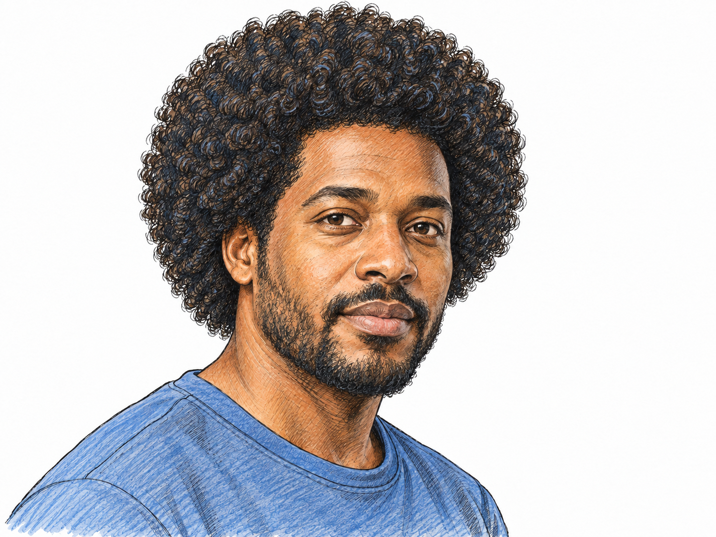 A close head-and-shoulders portrait of a man with a clearly rounded Afro, showing its full silhouette and tightly curled texture against white space.