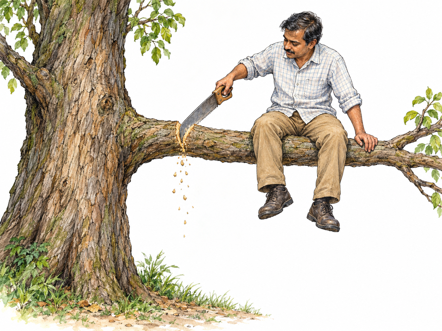 A foolish man saws through the very branch supporting him, sitting on its outer end with the cut between himself and the tree trunk.