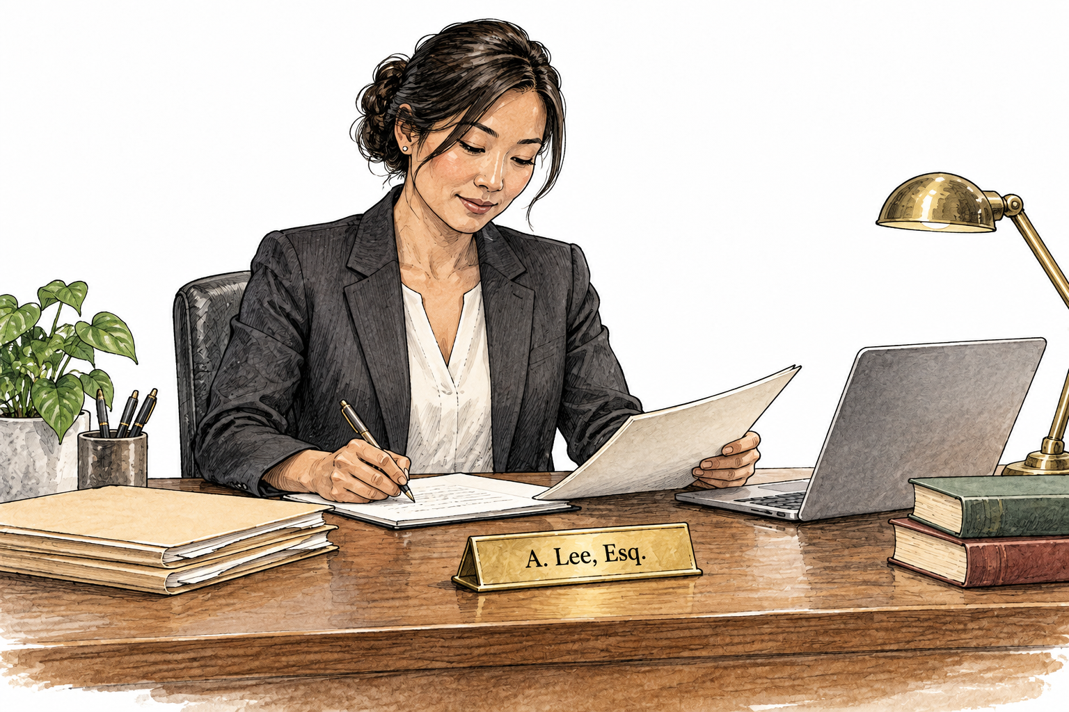 A lawyer at a desk with a tiny functional brass nameplate reading 'A.