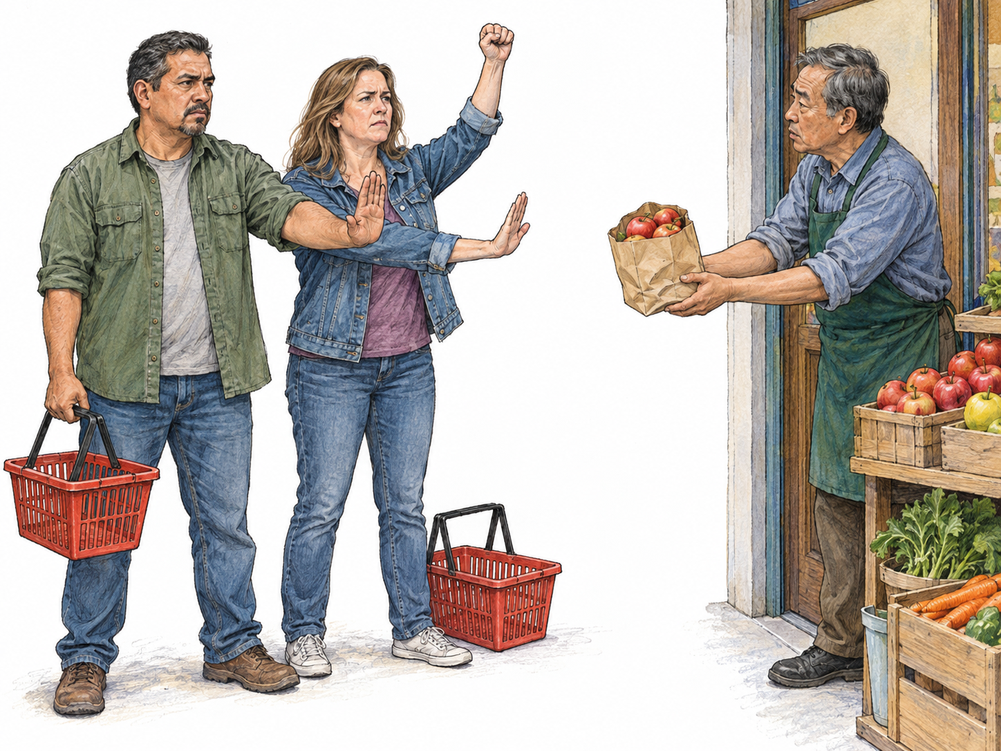 Two shoppers visibly refuse a shopkeeper’s offered goods together: empty shopping baskets, firm refusal gestures, and a raised protest fist connect the refusal to collective protest rather than an ordinary purchase decision.