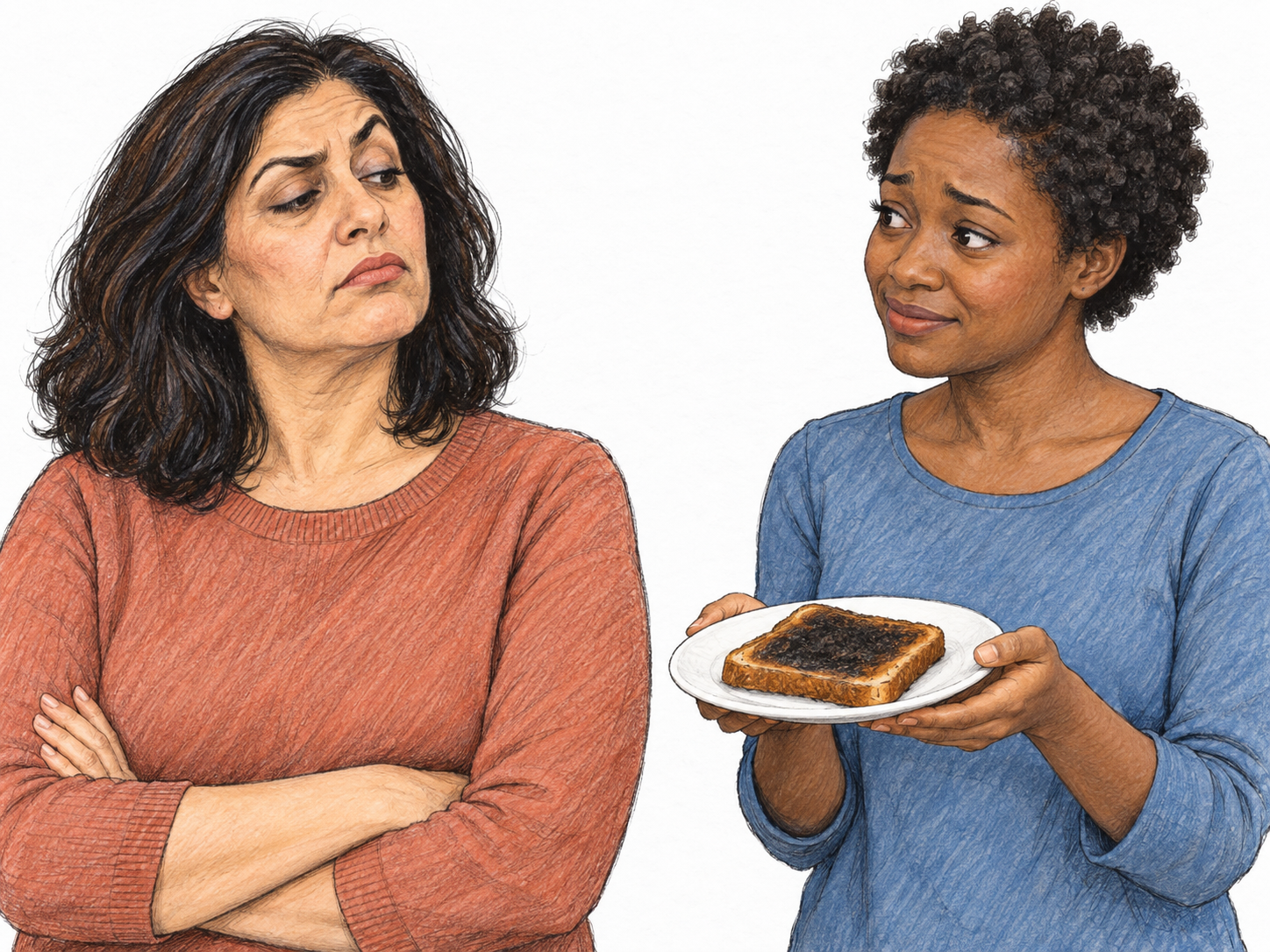 A conspicuous skeptical, mildly annoyed reaction to an obviously overburnt piece of toast: the recipient tips her chin up and purses her lips while looking sideways at the offered food.