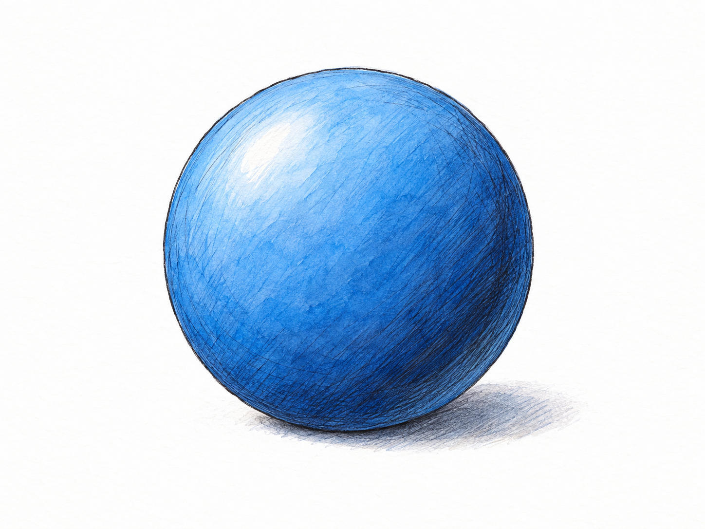 A single smooth blue sphere resting on a plain white surface, with curved shading and a small cast shadow clearly establishing its three-dimensional roundness.