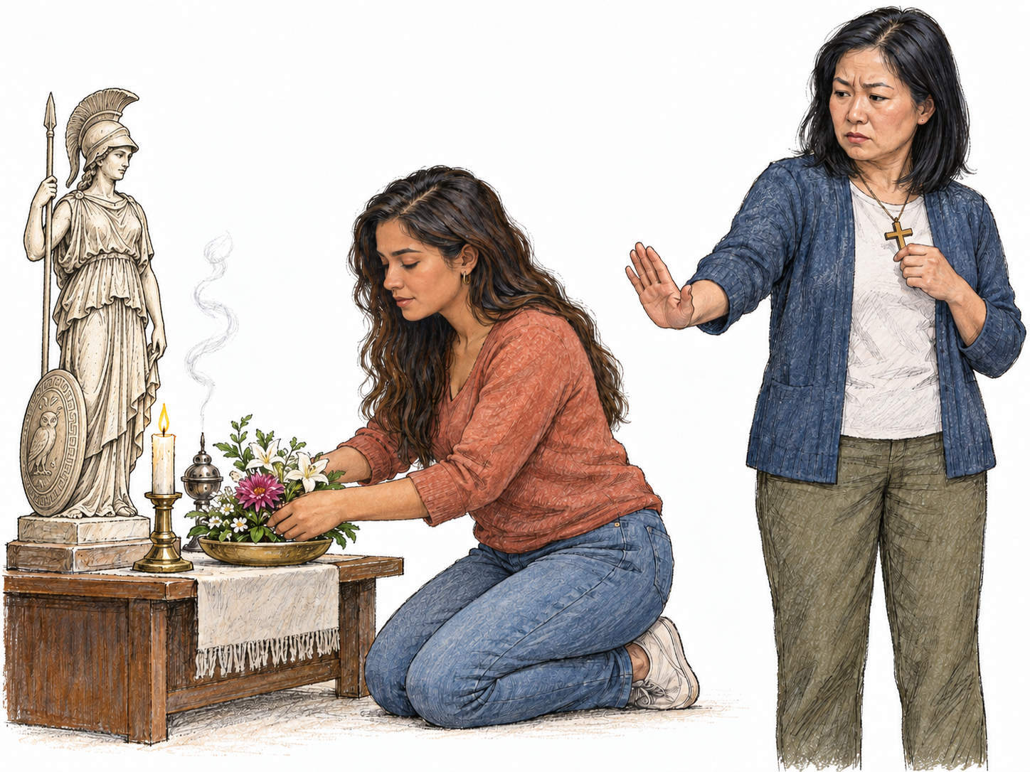 A religious observer visibly disapproves of a woman worshipping at a different kind of altar.