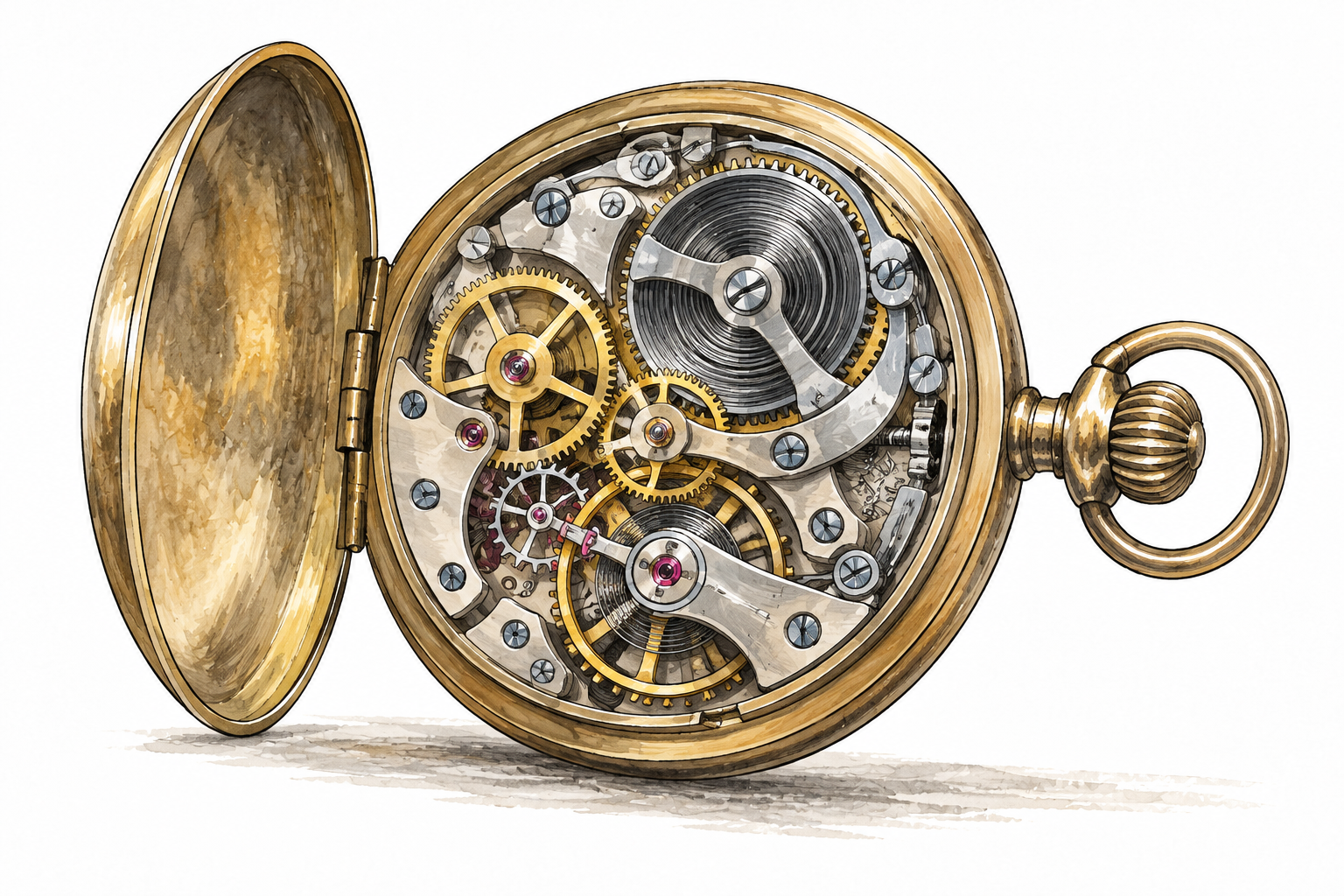 Cutaway mechanical clock reveals many interconnected gears and springs.