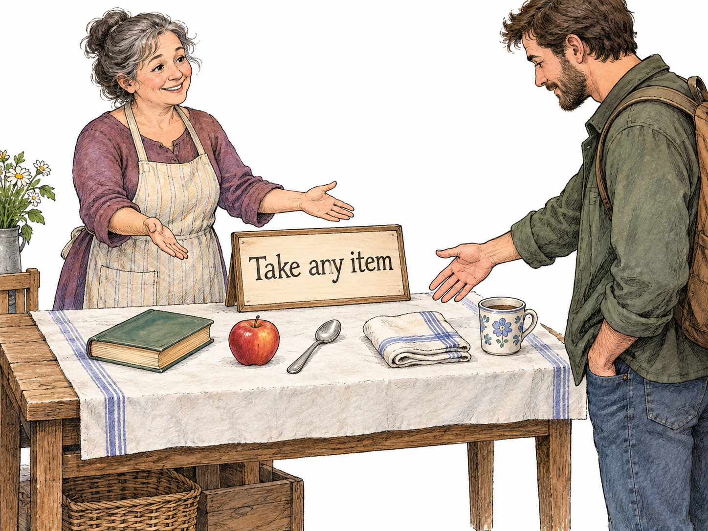 A visitor may take any item from an offered assortment.