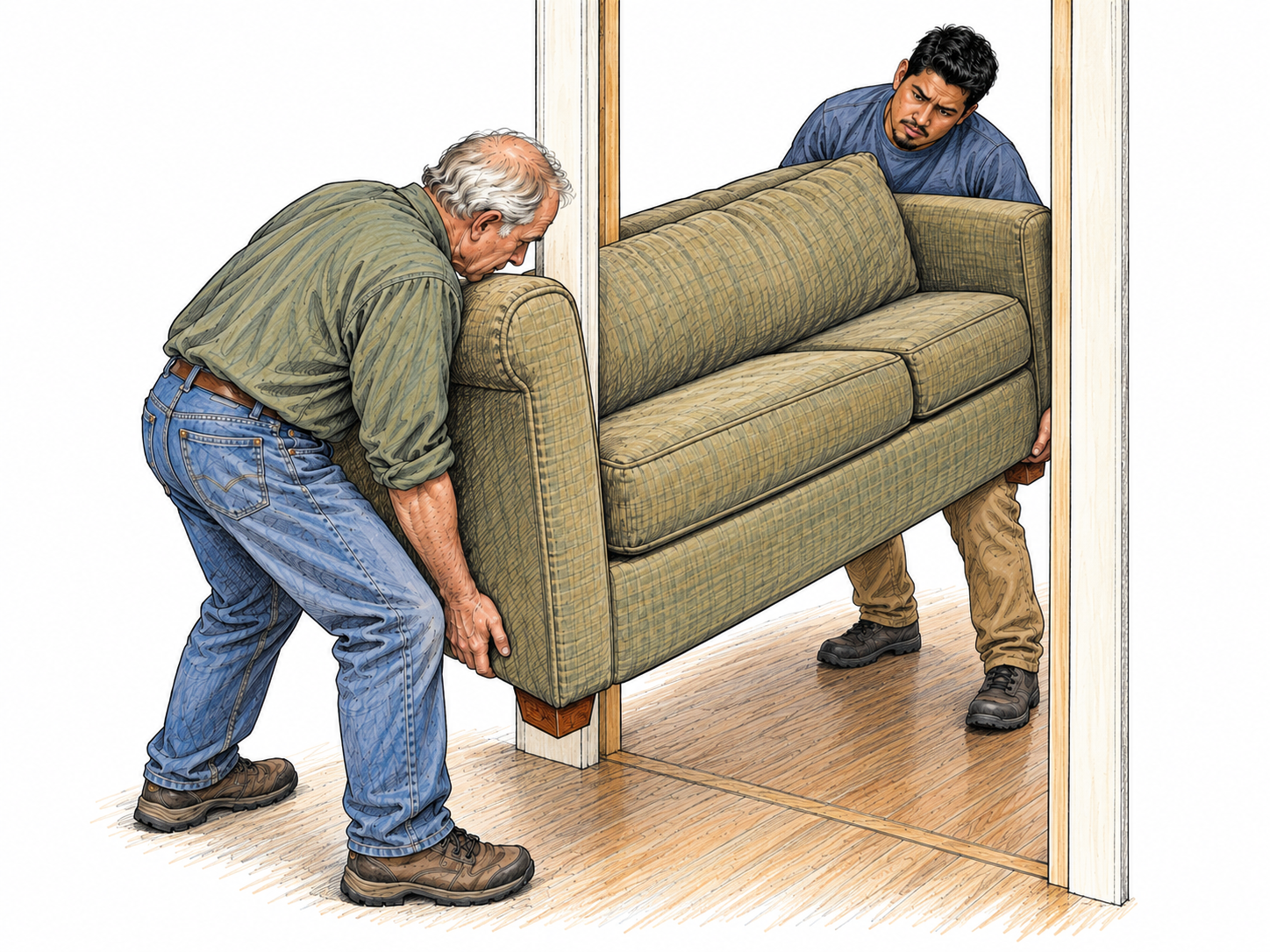 Two movers find their sofa wedged diagonally in a narrow doorway: the doorway creates a complication in the otherwise straightforward task of carrying it inside.